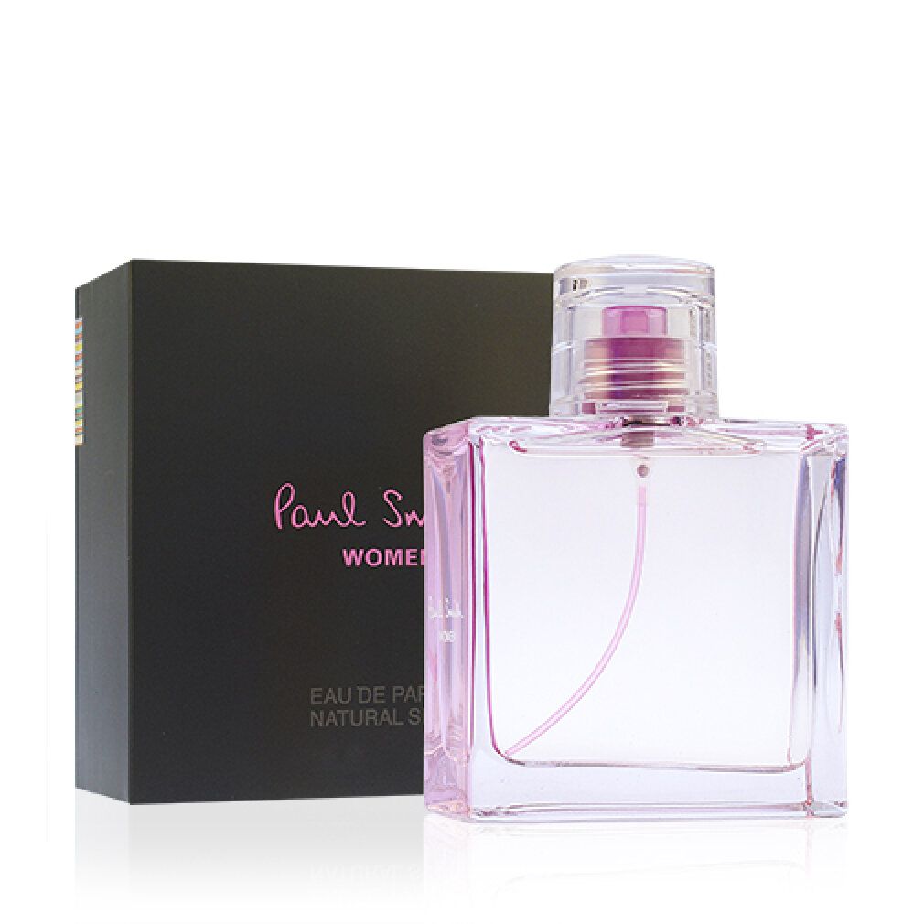 Flacon en verre et boîte. Flacon rectangulaire en verre avec liquide rose et vaporisateur. Boîte noire avec inscription rose: Paul Smith Women.