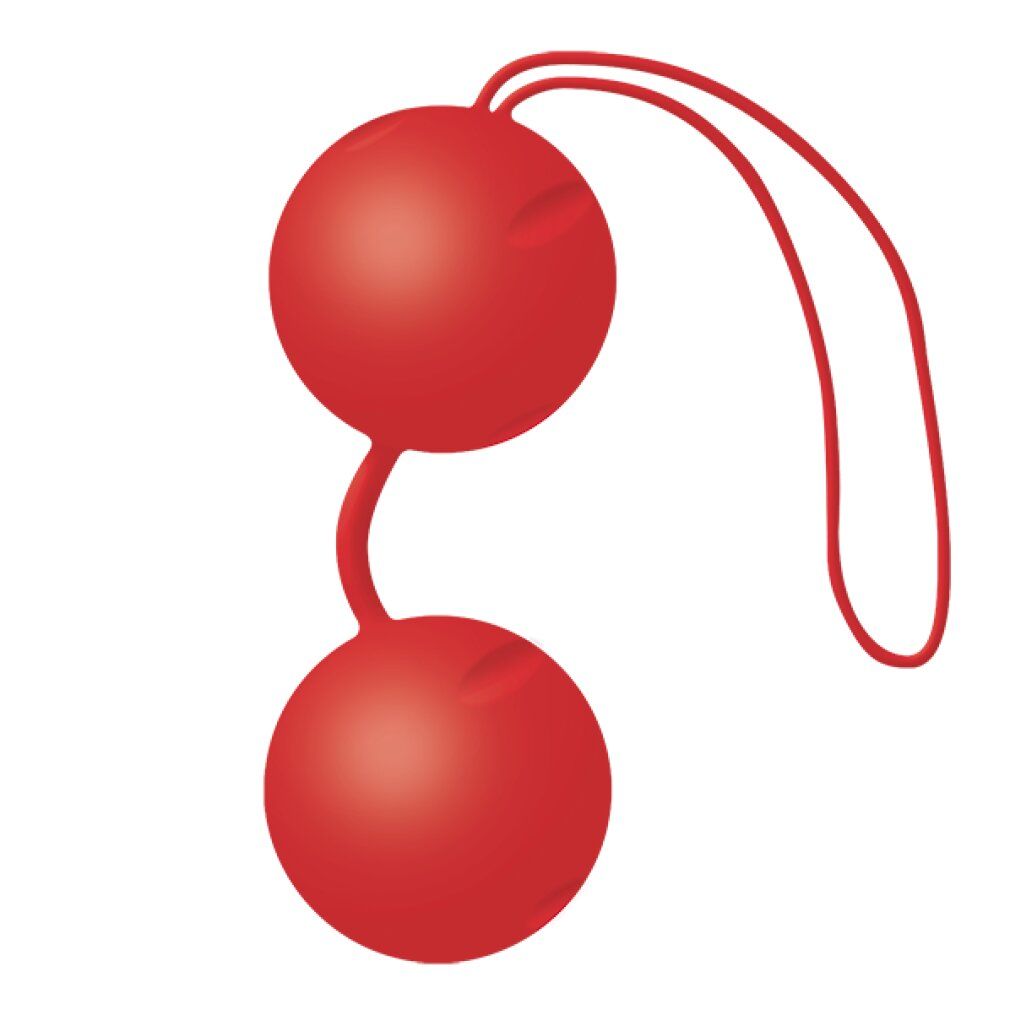 Deux billes Joyballs® Trend rouges avec cordon, isolées.