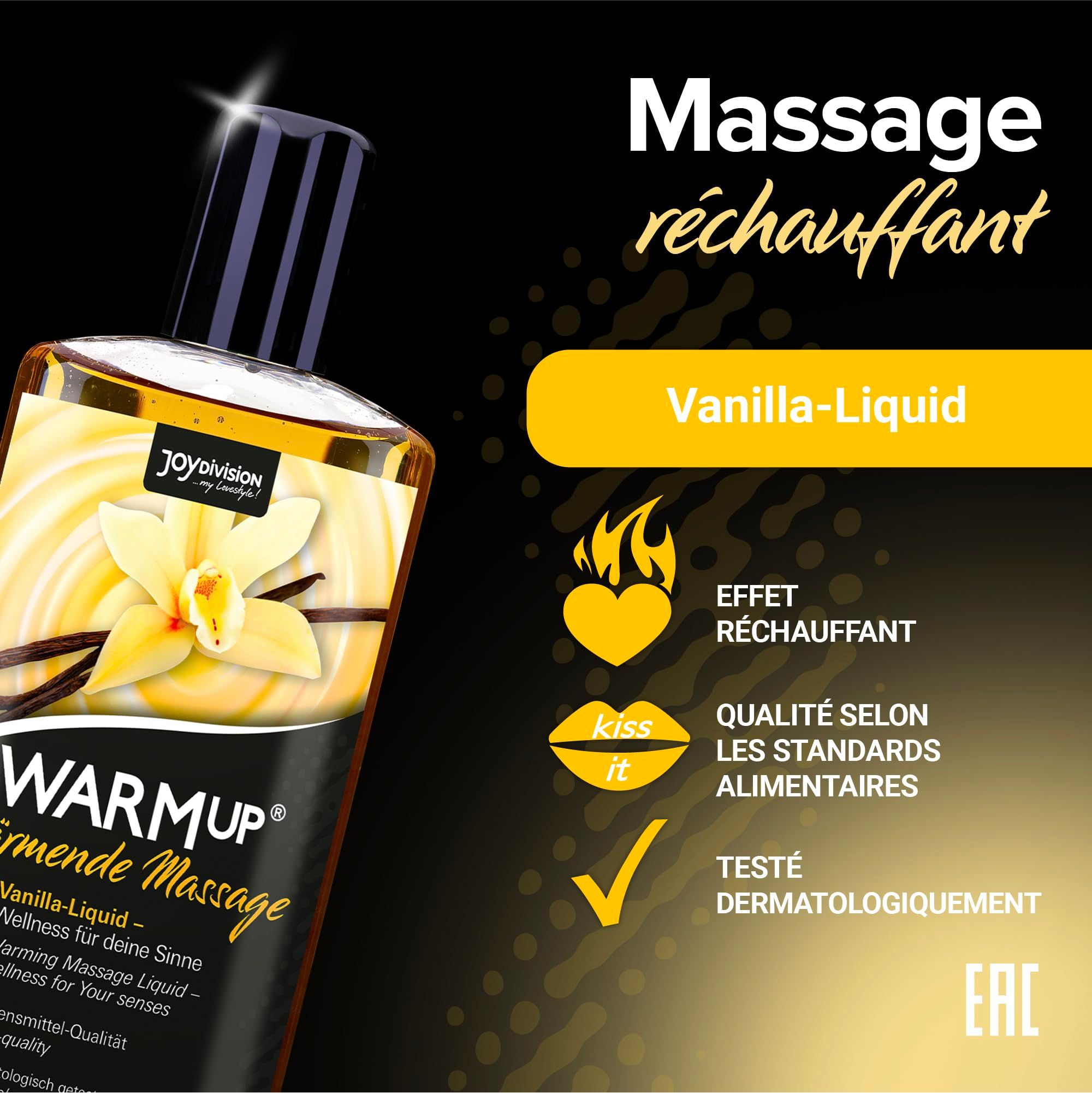 Bouteille WARMUP Vanille Massage-Liquid avec fleur et gousses de vanille.