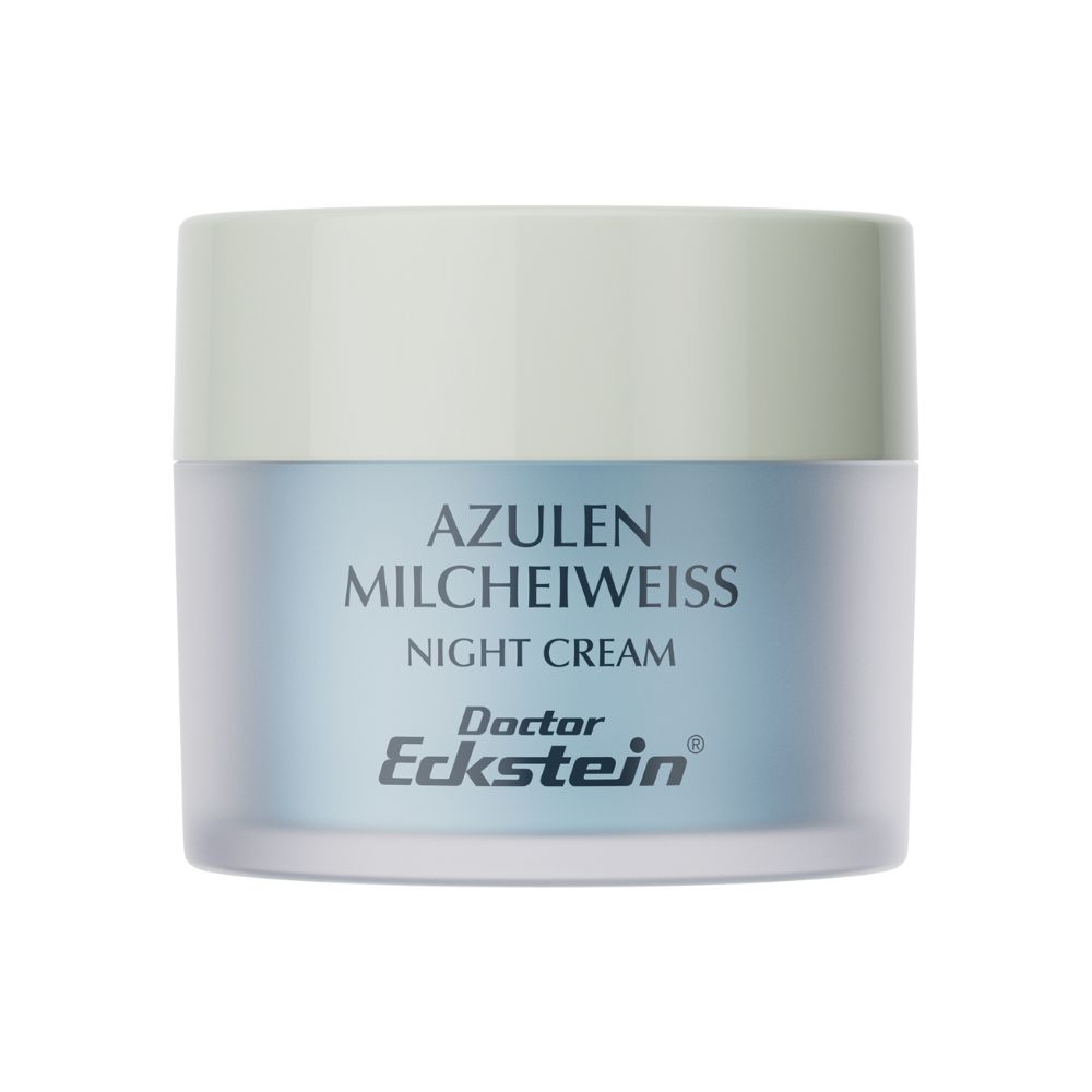 Crèmepot met deksel. Opschrift: Azulen Milcheiweiss Night Cream. Merk: Doctor Eckstein.