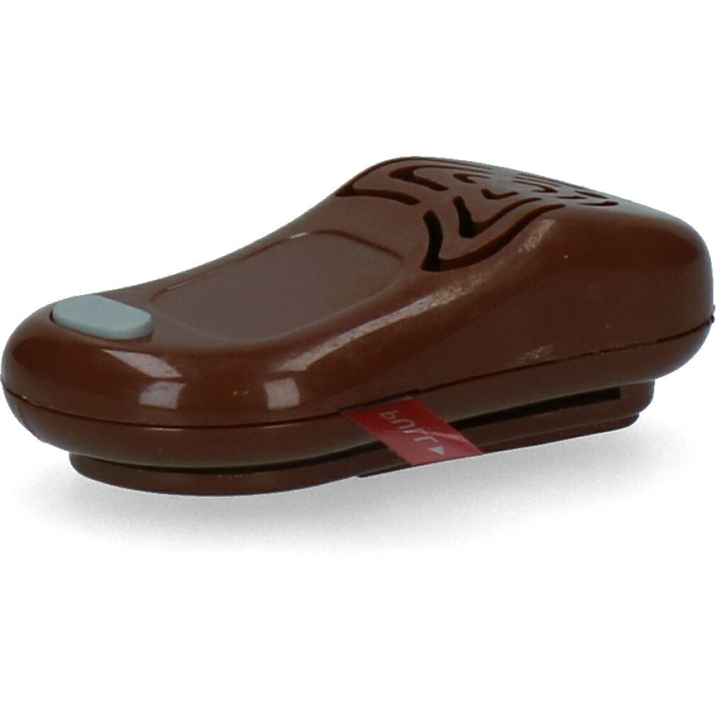 Appareil TICKLESS marron. Avec bouton gris et languette rouge. Boîtier perforé.