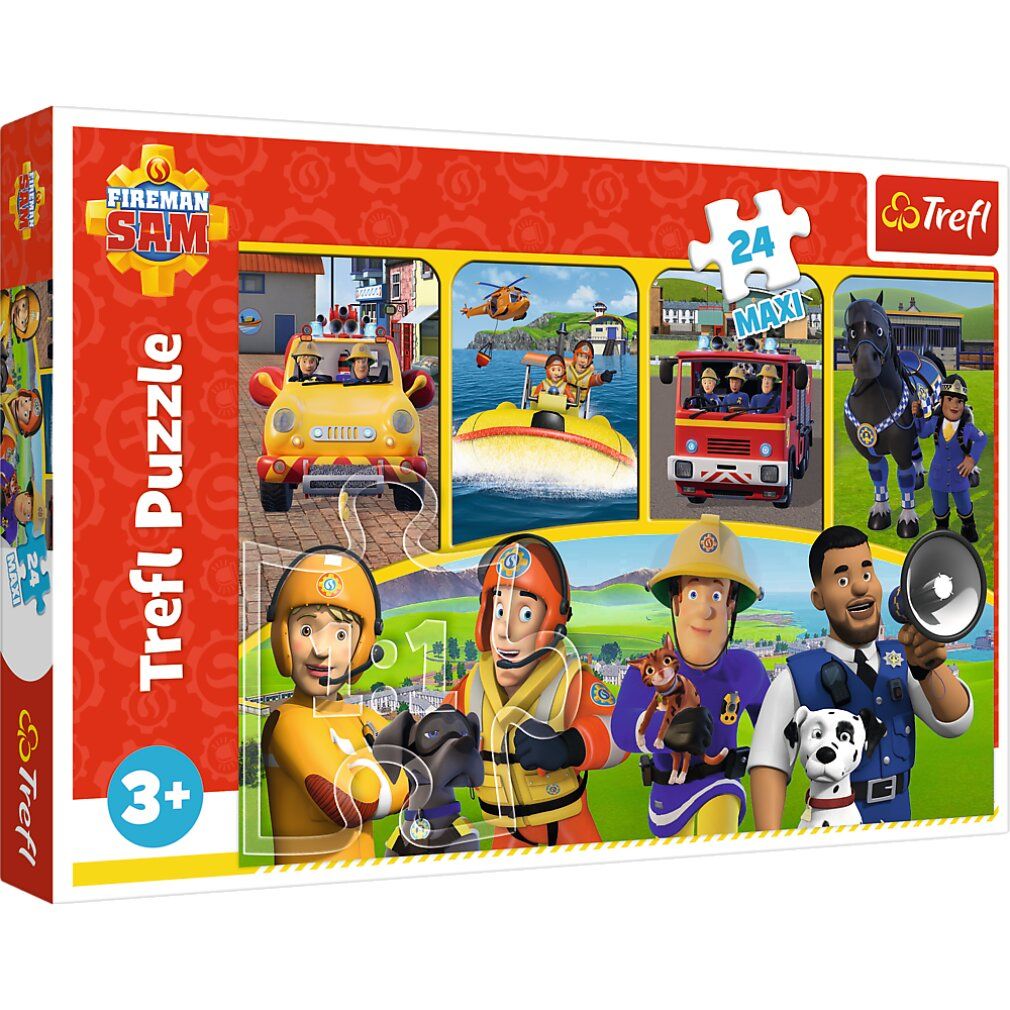 Emballage de puzzle avec le motif "Sam le pompier". Le puzzle contient 24 pièces et convient aux enfants de 3 ans et plus.