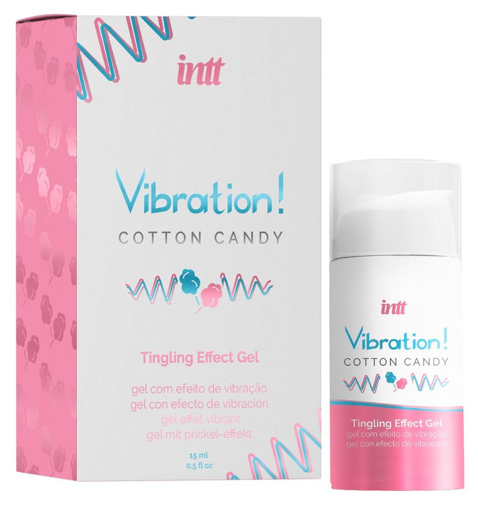 Emballage et flacon. Inscription: Vibration! Cotton Candy Tingling Effect Gel. Marque: INTT. 15 ml.