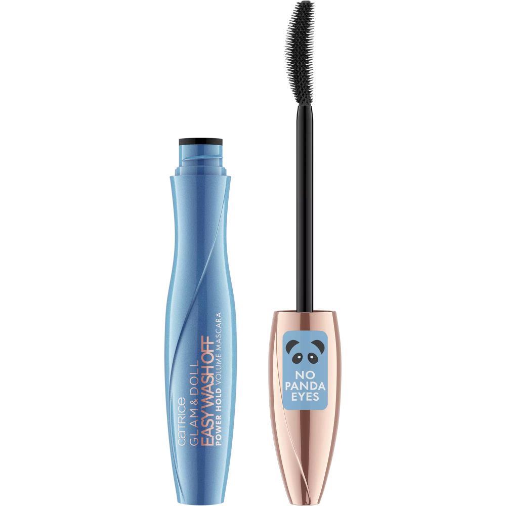Tube de mascara bleu avec brosse noire. Inscription : Catrice Glam & Doll Easy Wash Off Power Hold Volume. Capuchon rose doré avec motif panda.