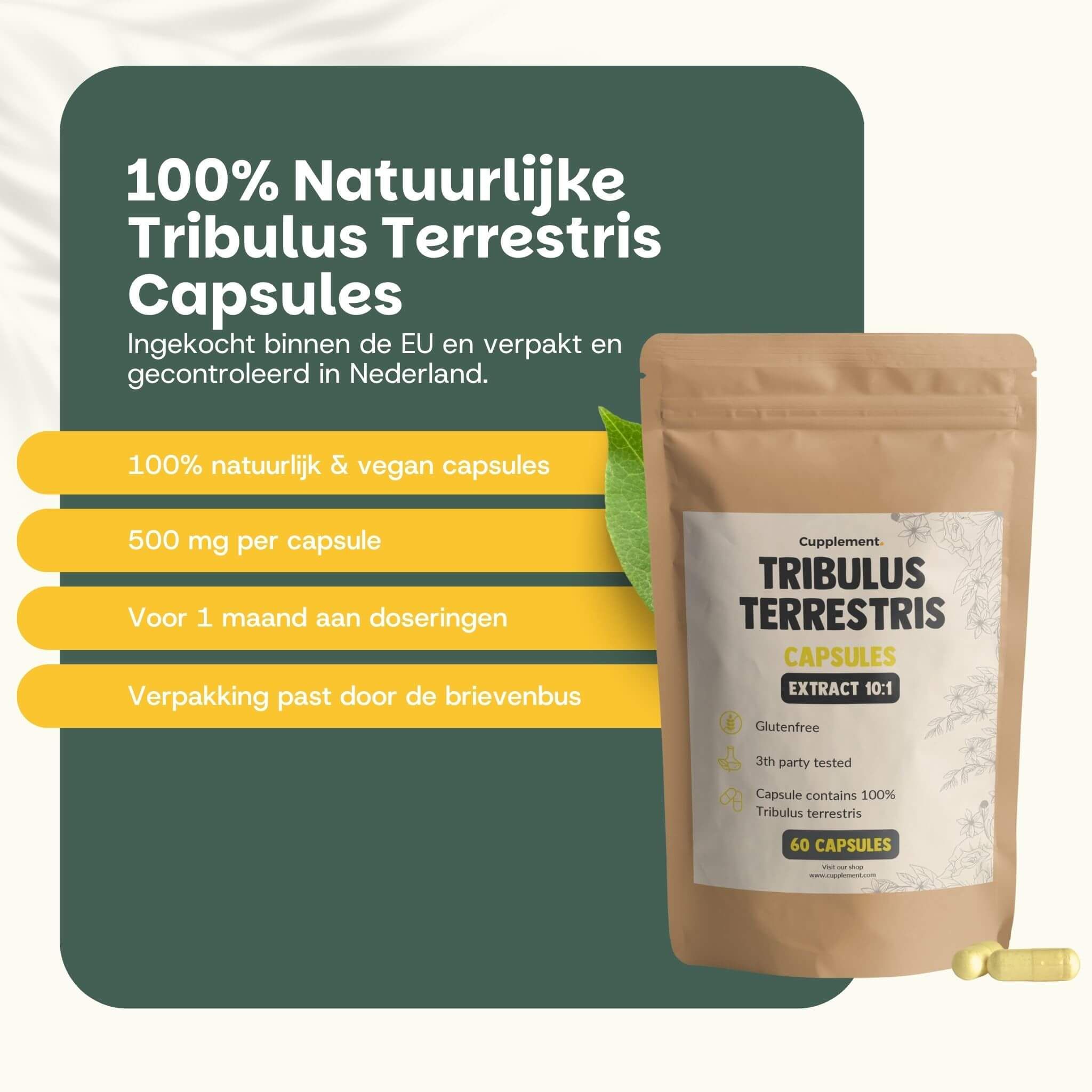 Productverpakking. Tekst: 100% natuurlijke Tribulus Terrestris Capsules. 500 mg per capsule. Voor 1 maand doseringen.