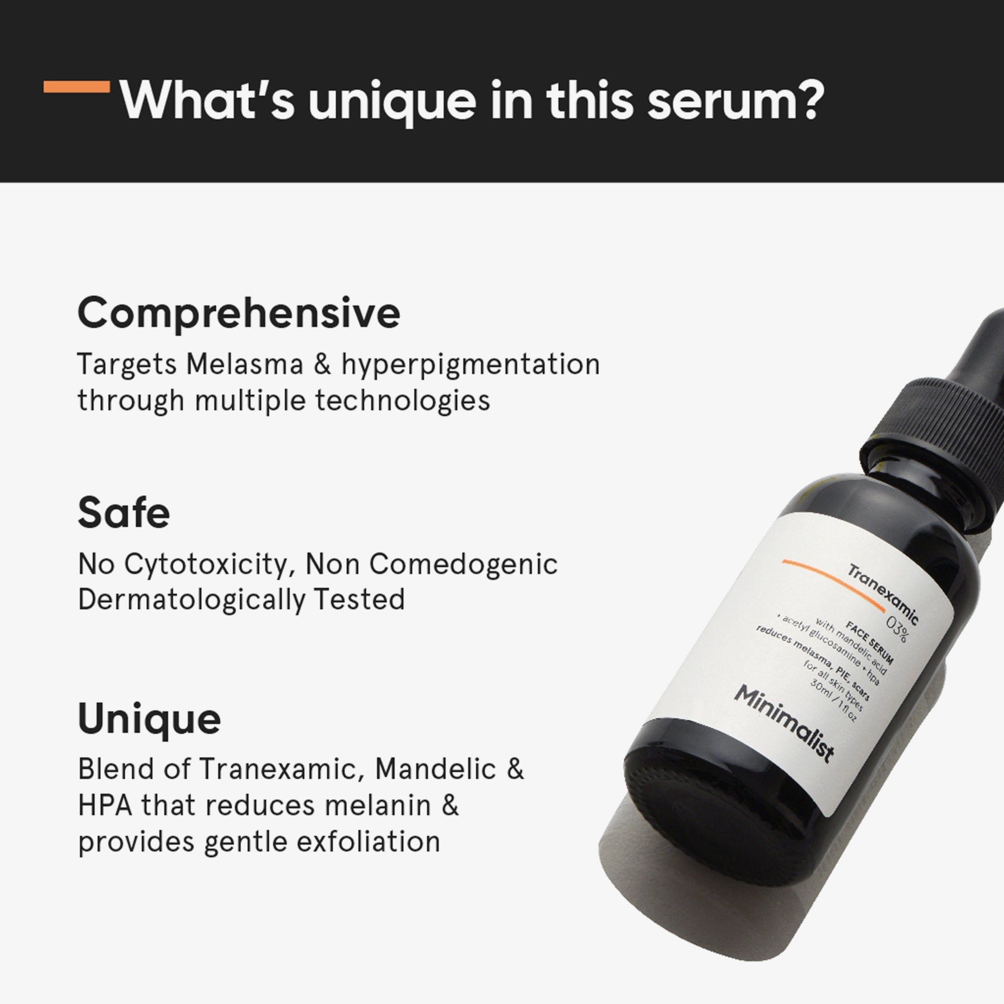 Flacon de sérum avec pipette, en biais. Texte : Acide tranexamique 03%, Minimalist. Texte sur les caractéristiques du sérum.