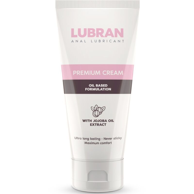 Tube blanc avec accents roses et gris, étiqueté 'Lubran Anal Lubricant Premium Cream'.
