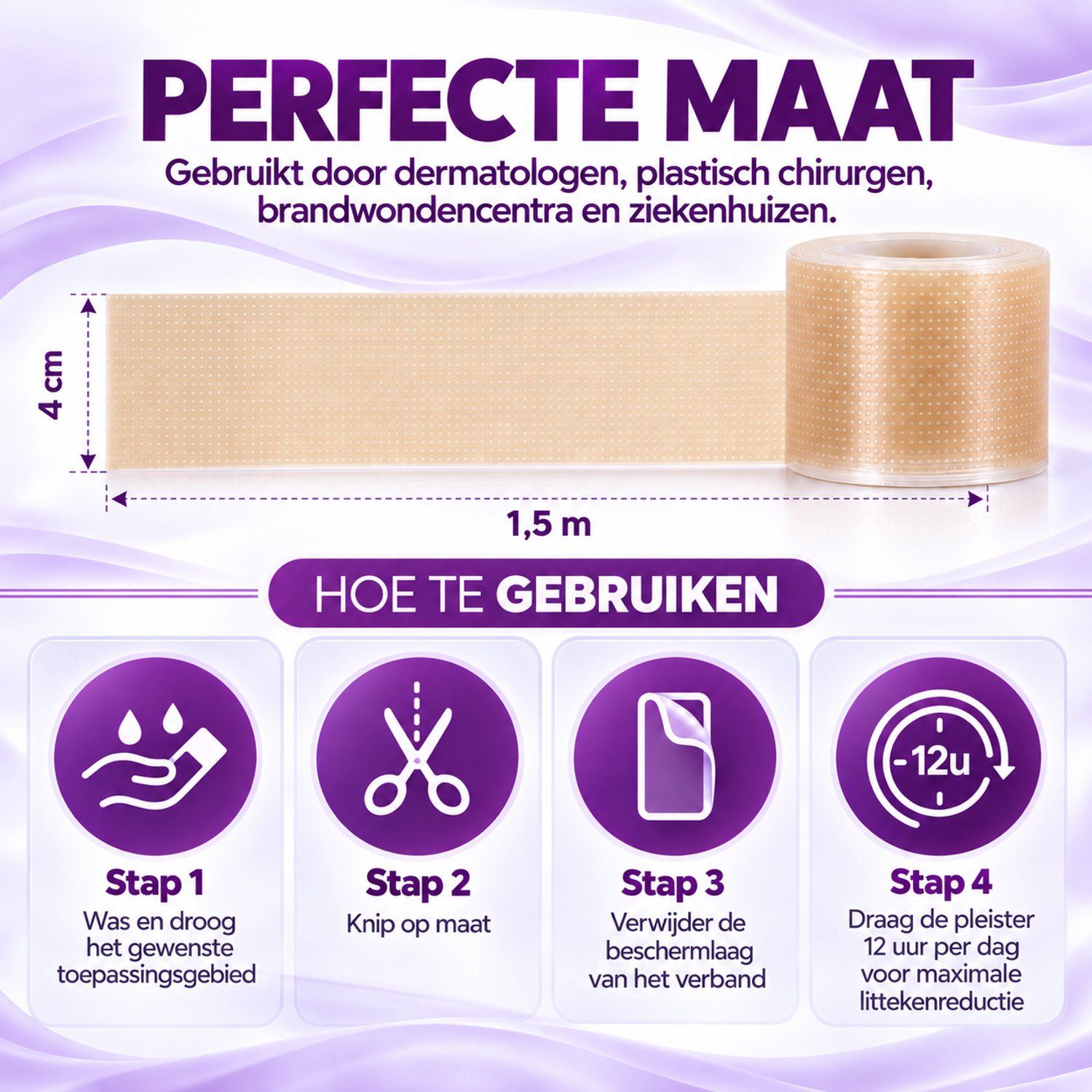Toepassing van Leiqier linnenpleister op buik, arm, schouder, been. Op maat te knippen.
