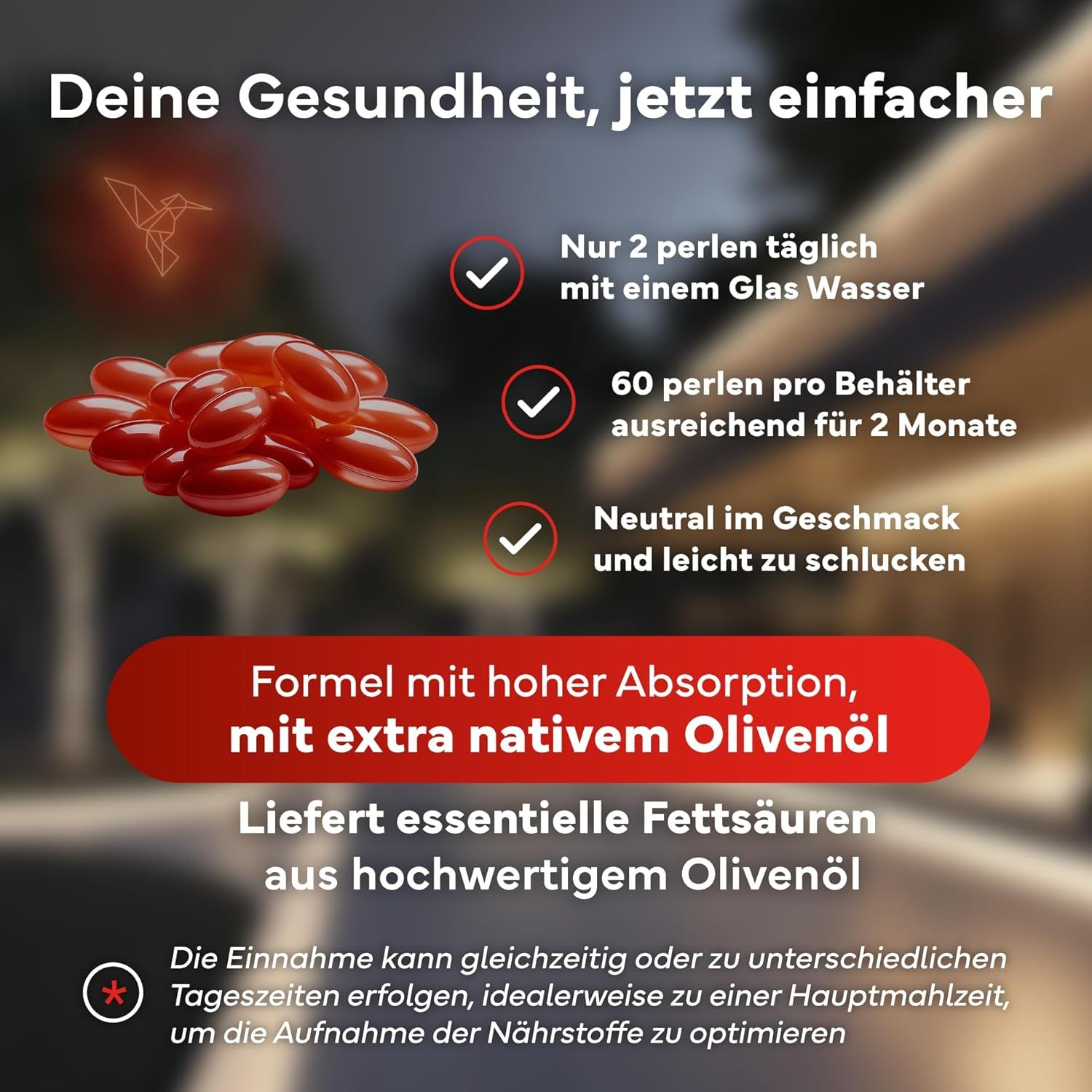 Astaxanthine capsules op een tafel. Informatie over inname en samenstelling.