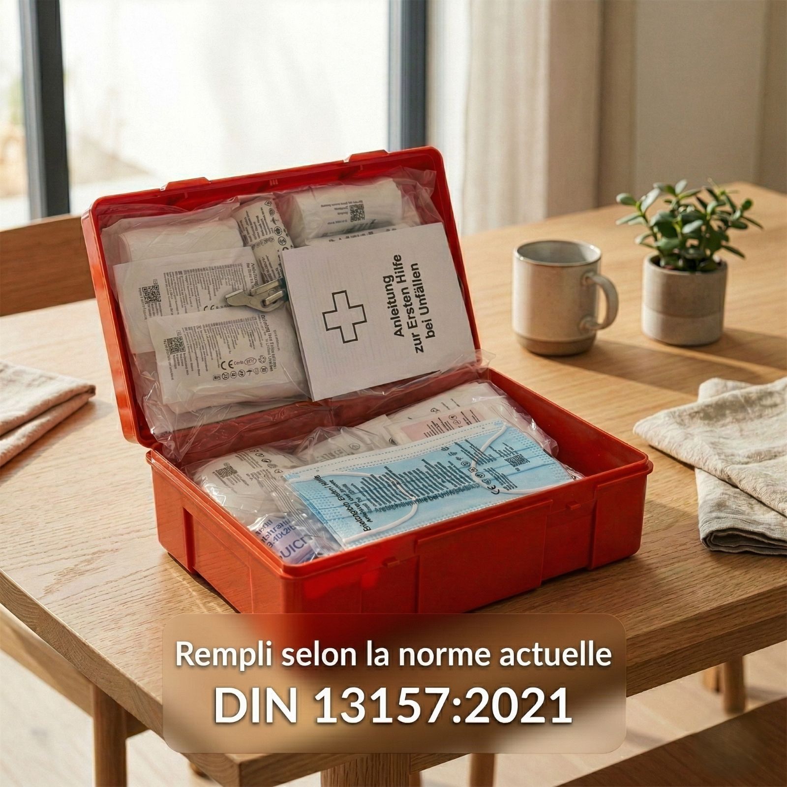 Trousse de premiers secours rouge, ouverte, avec contenu. Sur une table. Inscription: Erste Hilfe/First Aid. Croix verte.