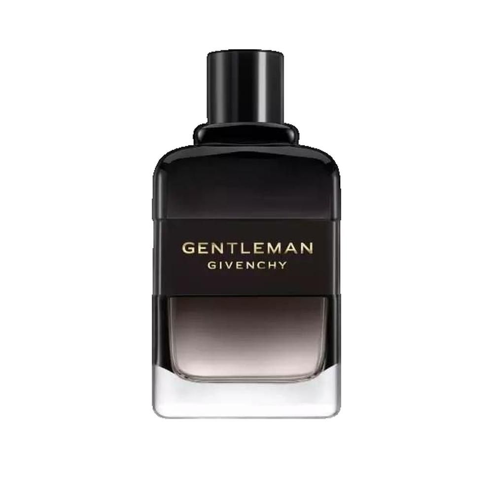 Flacon noir avec étiquette. Inscription: GENTLEMAN GIVENCHY. Dégradé de clair à foncé.