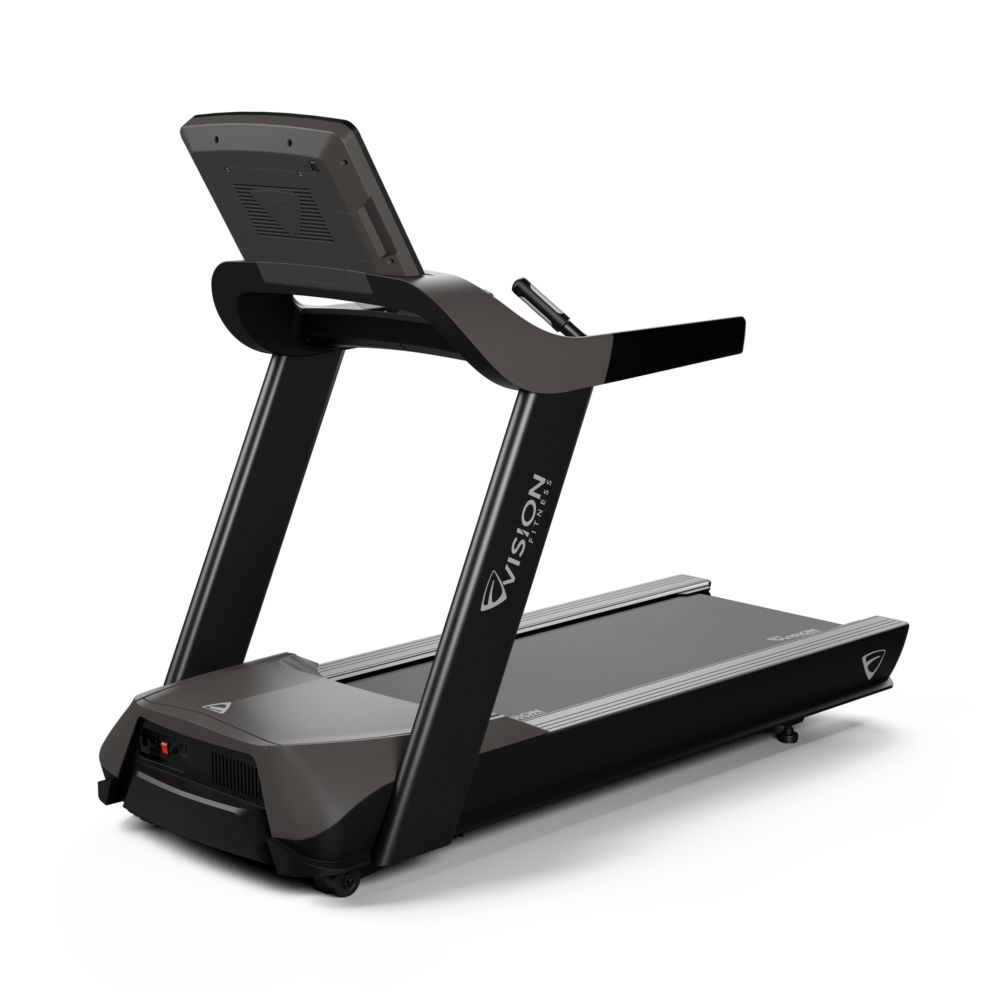 Tapis de course noir. Vue en biais. Logo Vision Fitness. Console avec écran.