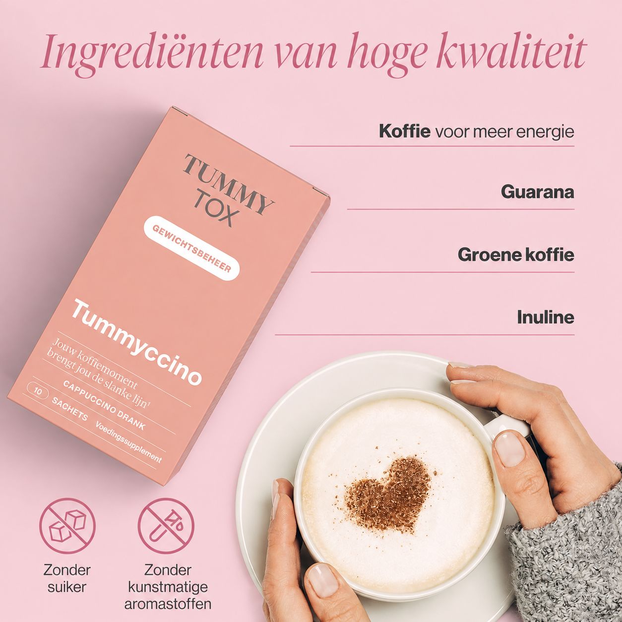 Tummy Tox verpakking met Tummyccino Cappuccino Drank, 30 sachets. Bevat koffie, guarana, groene koffie, inuline. Zonder suiker, zonder kunstmatige aroma's.