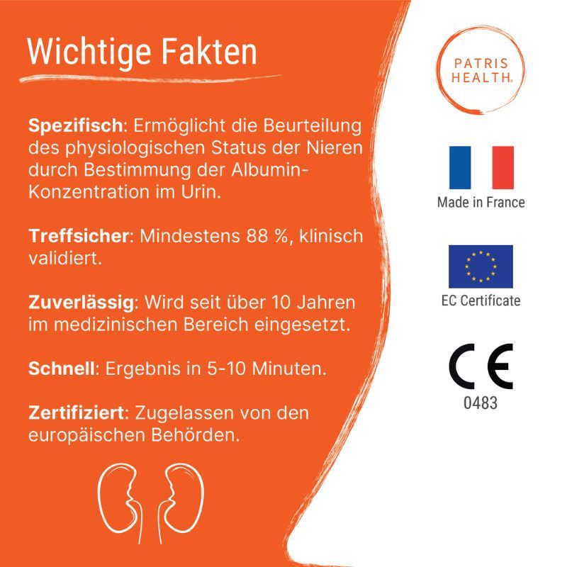 Belangrijke feiten over de nierfunctietest. Informatie over specificiteit, nauwkeurigheid, betrouwbaarheid en certificering. Met CE-markering.