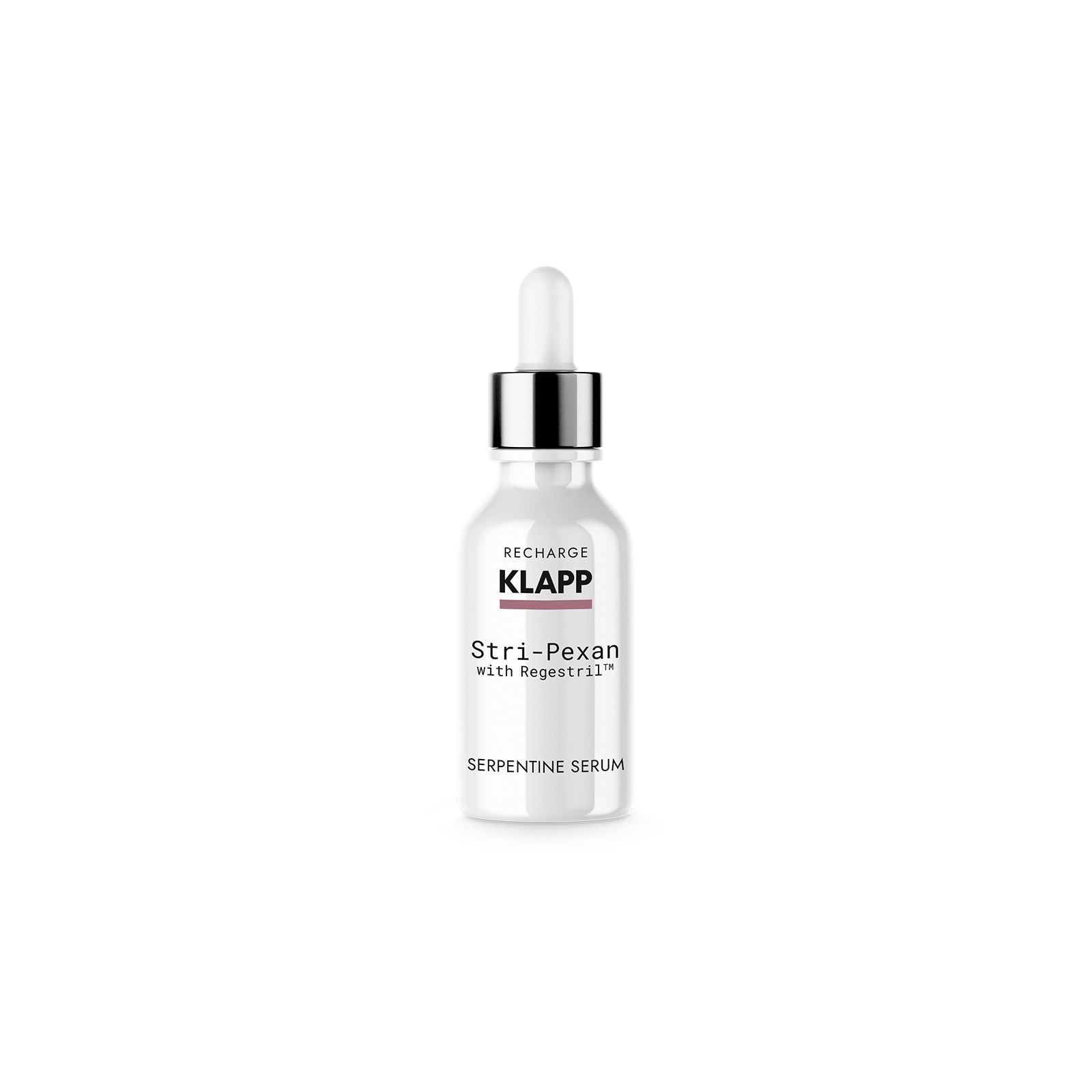 Witte fles met zilveren dop en pipet. Opschrift: Klapp, Stri-Pexan Serpentine Serum.
