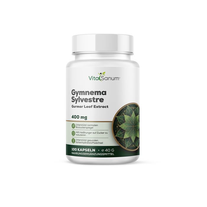Witte fles met groen etiket. Opschrift: VitaSanum, Gymnema Sylvestre, 400 mg. 100 capsules.