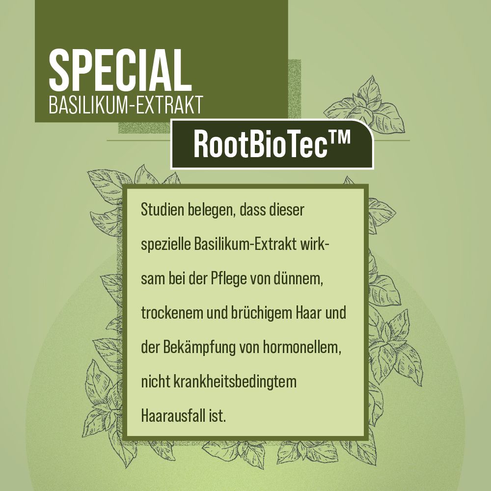 Image publicitaire avec texte: Extrait spécial de basilic. RootBioTec™. Texte sur l'effet de l'extrait.