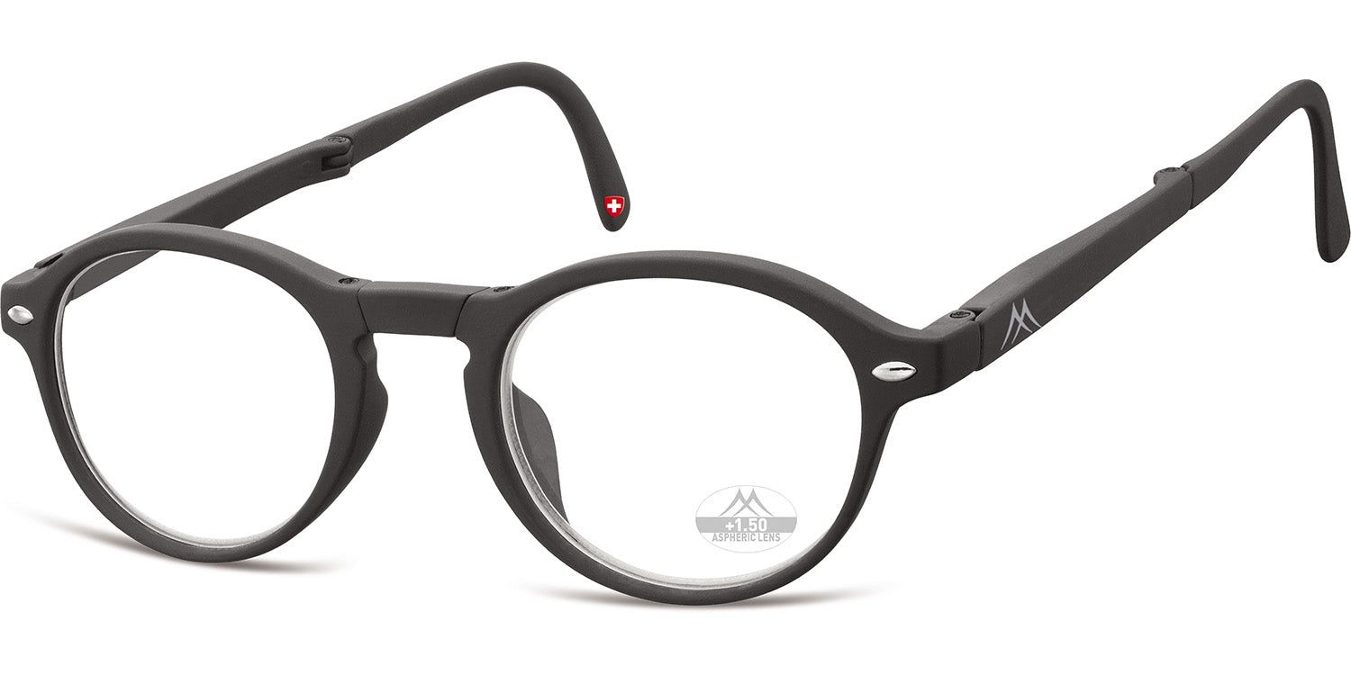 Lunettes de lecture pliables noires, verres ronds. Branches avec logo et croix suisse. Logo Montana Eyewear sur le verre.