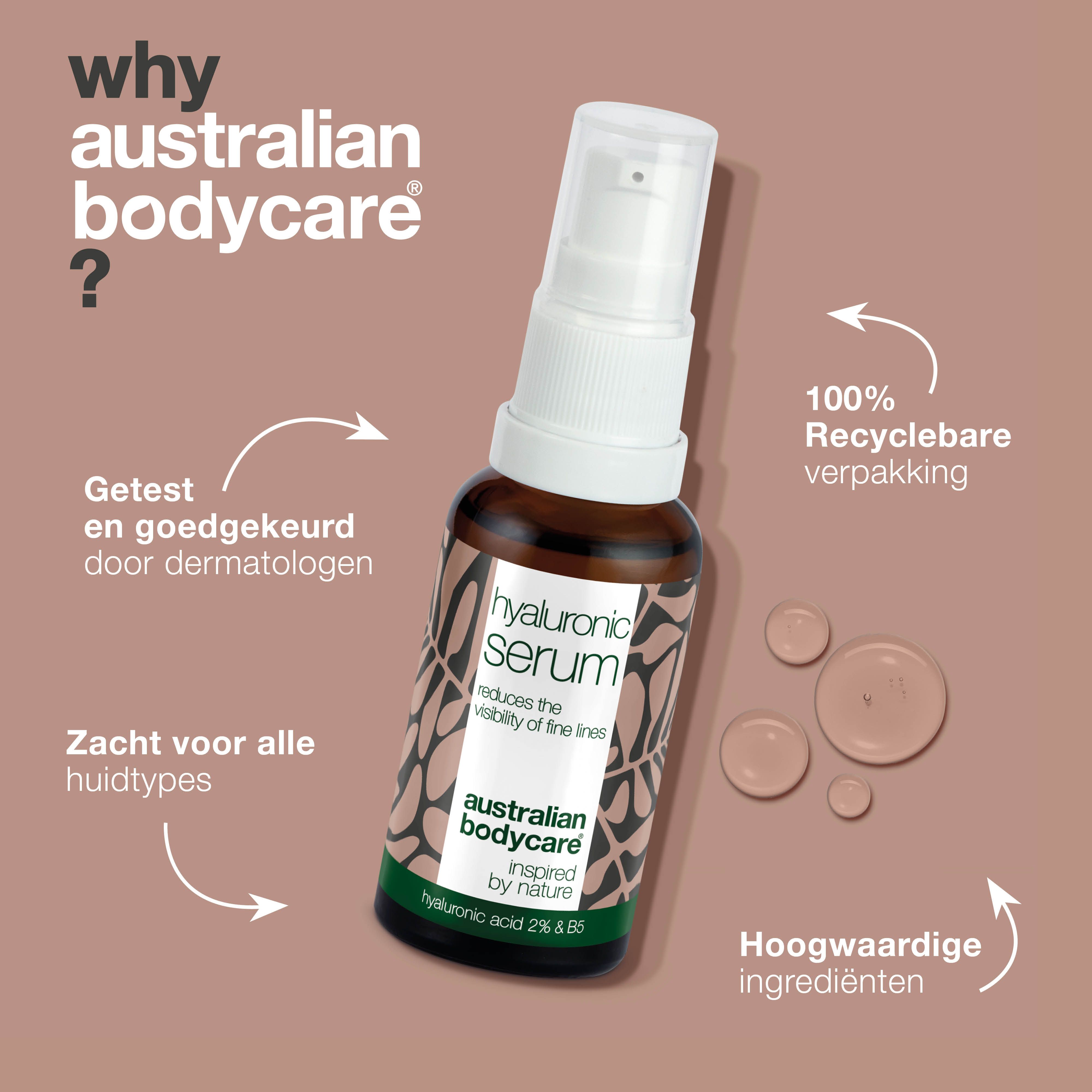 Bruine fles met witte pomp. Opschrift: Hyaluronic Serum, australian bodycare.