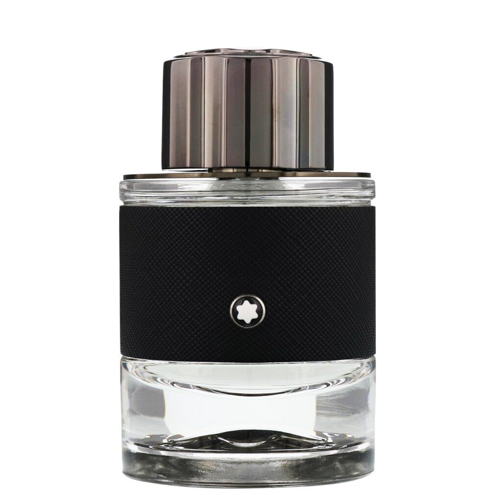 Montblanc Explorer Eau de Parfum fles. Zwarte fles met zilveren dop. Logo op de fles.