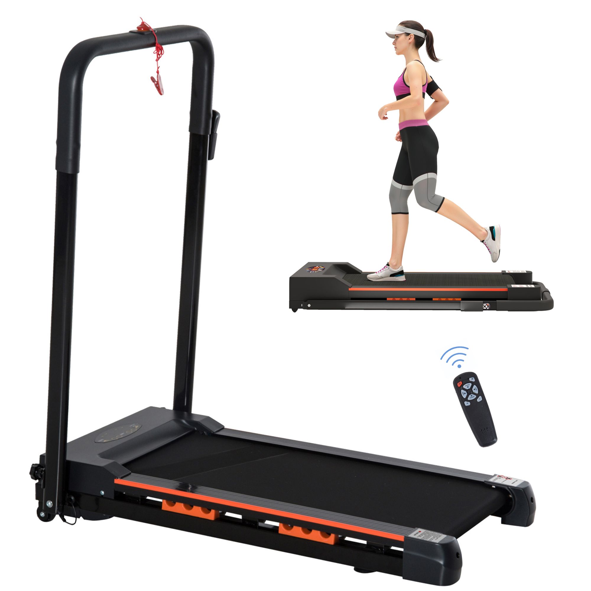 Tapis roulant électrique pliable noir avec télécommande et une personne qui court dessus.