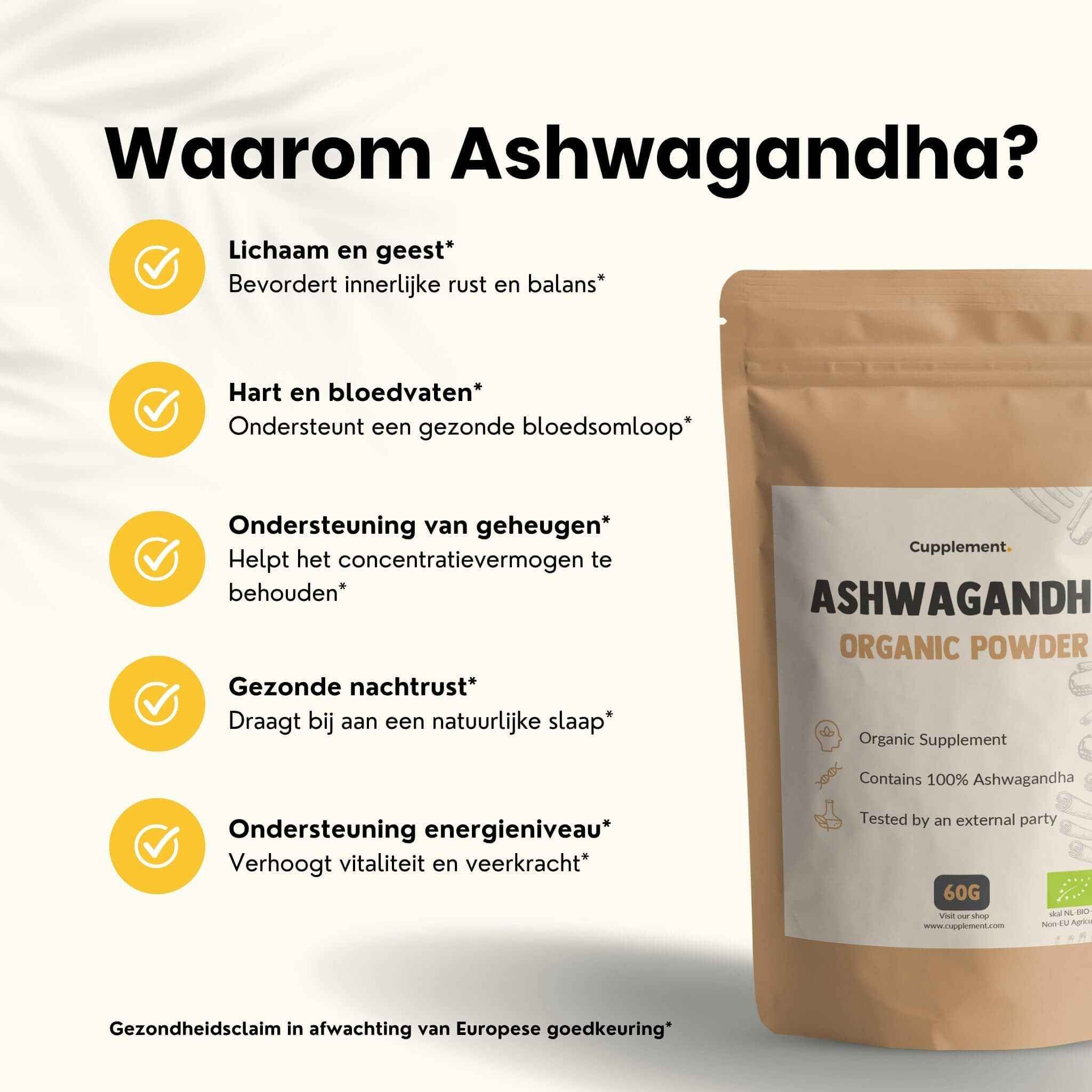 Zakje Cupplement Ashwagandha BIO poeder. Tekst: 'Waarom Ashwagandha?'. Gele vinkjes.
