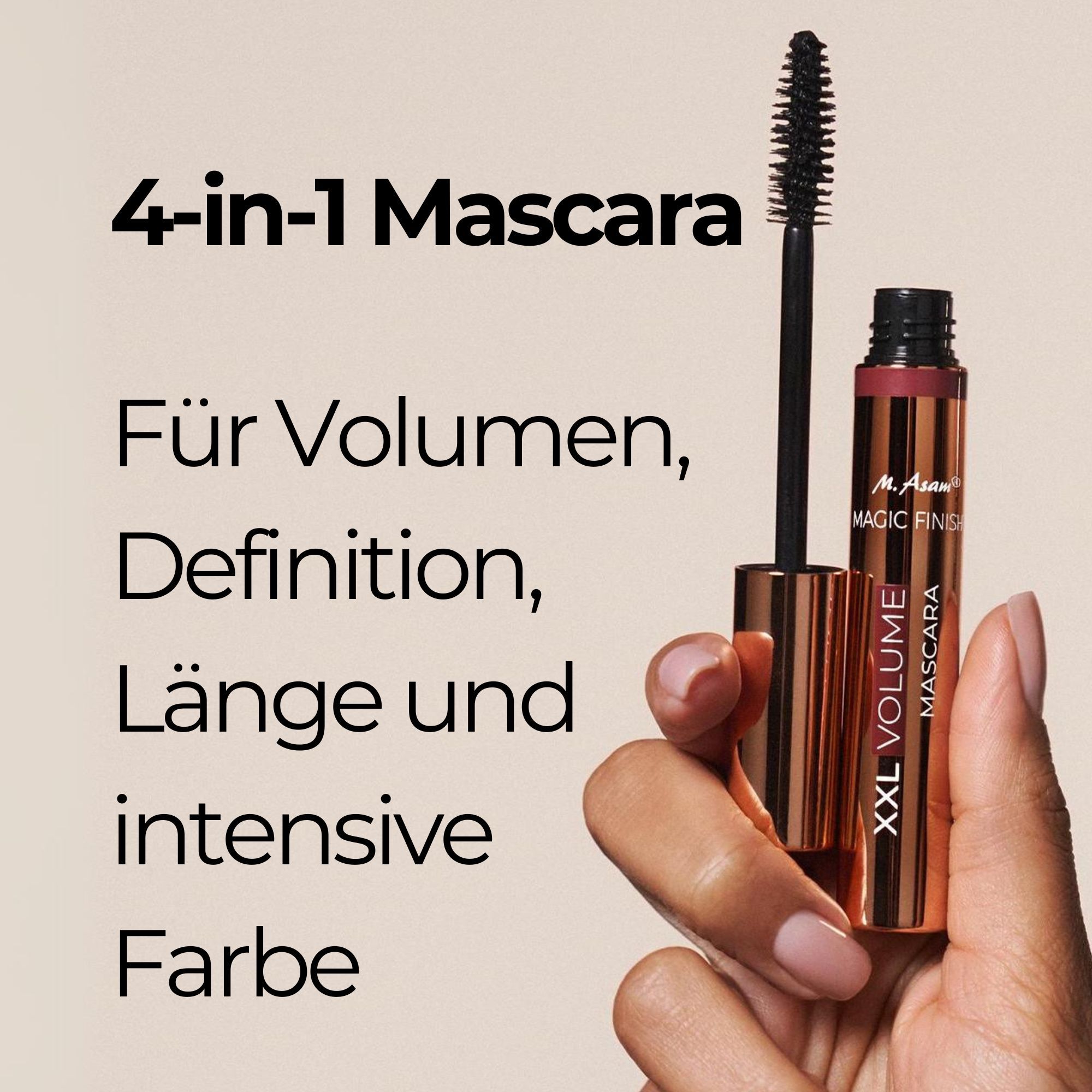 Main tenant un tube et une brosse de mascara. Texte : Mascara 4-en-1. Pour volume, définition, longueur et couleur intense.