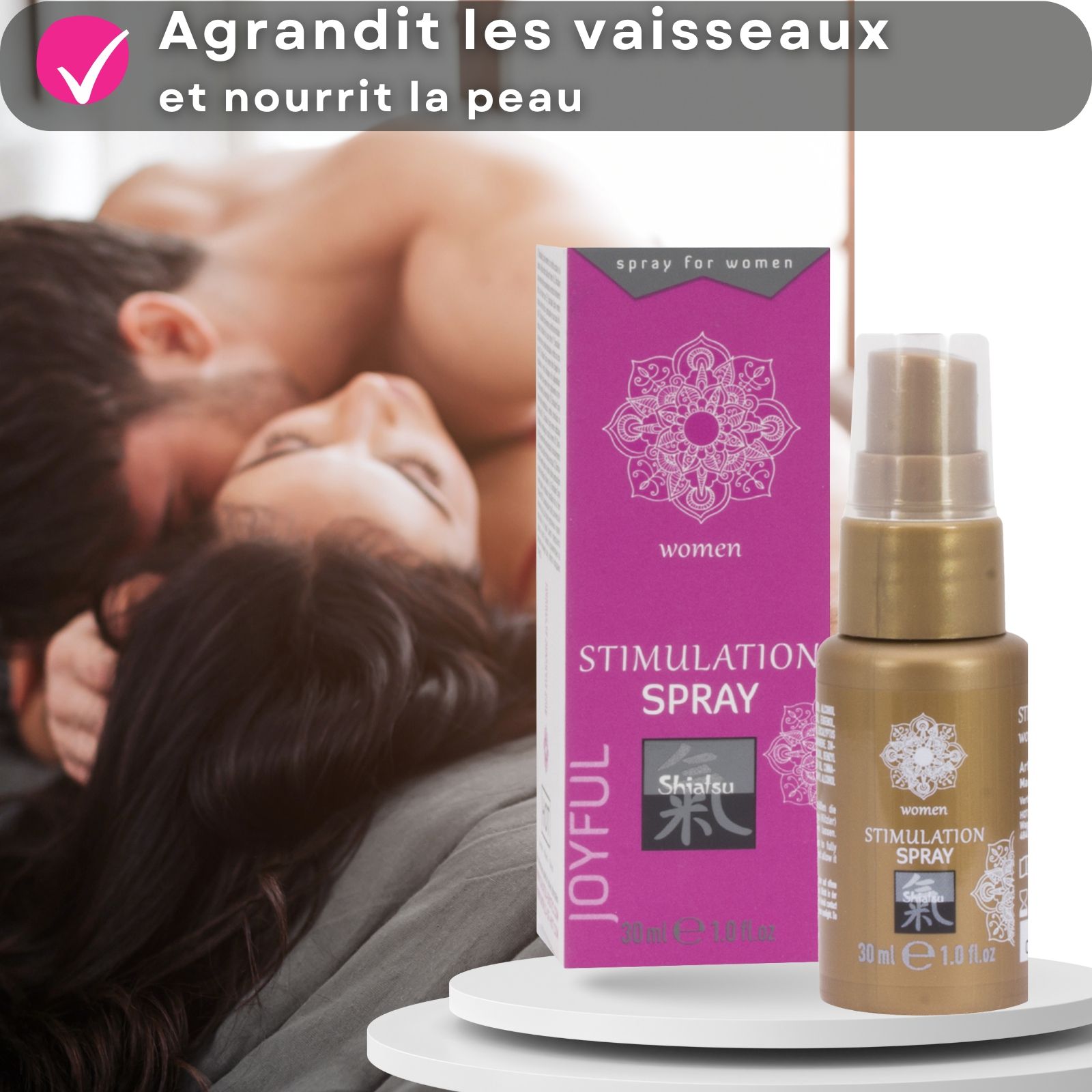 Flacon doré et emballage. Texte : Stimulation Spray, Shiatsu. Couple en arrière-plan.