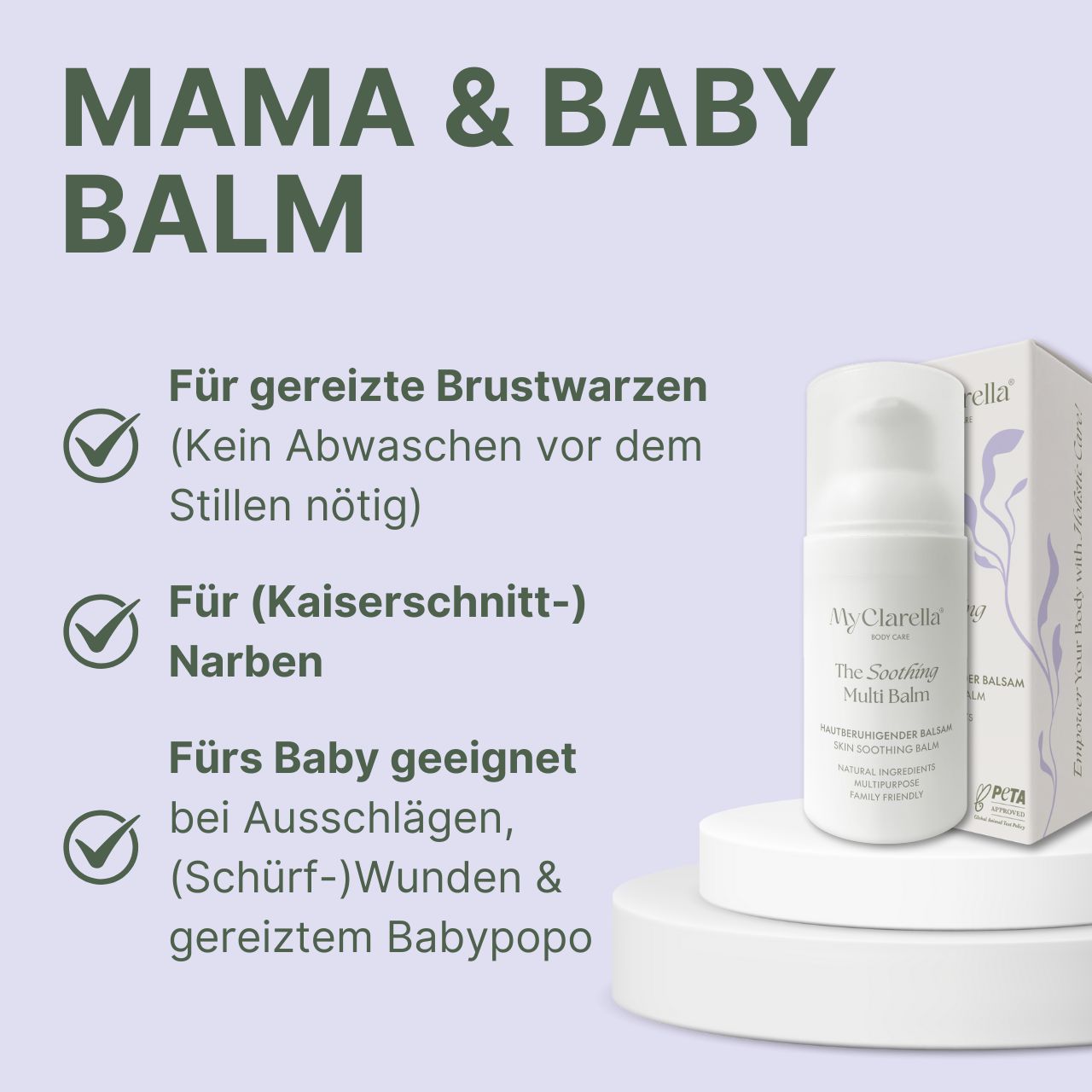 Flacon de baume. Texte: Mama & Baby Balm. Pour mamelons, cicatrices, bébé. Avec label PETA.