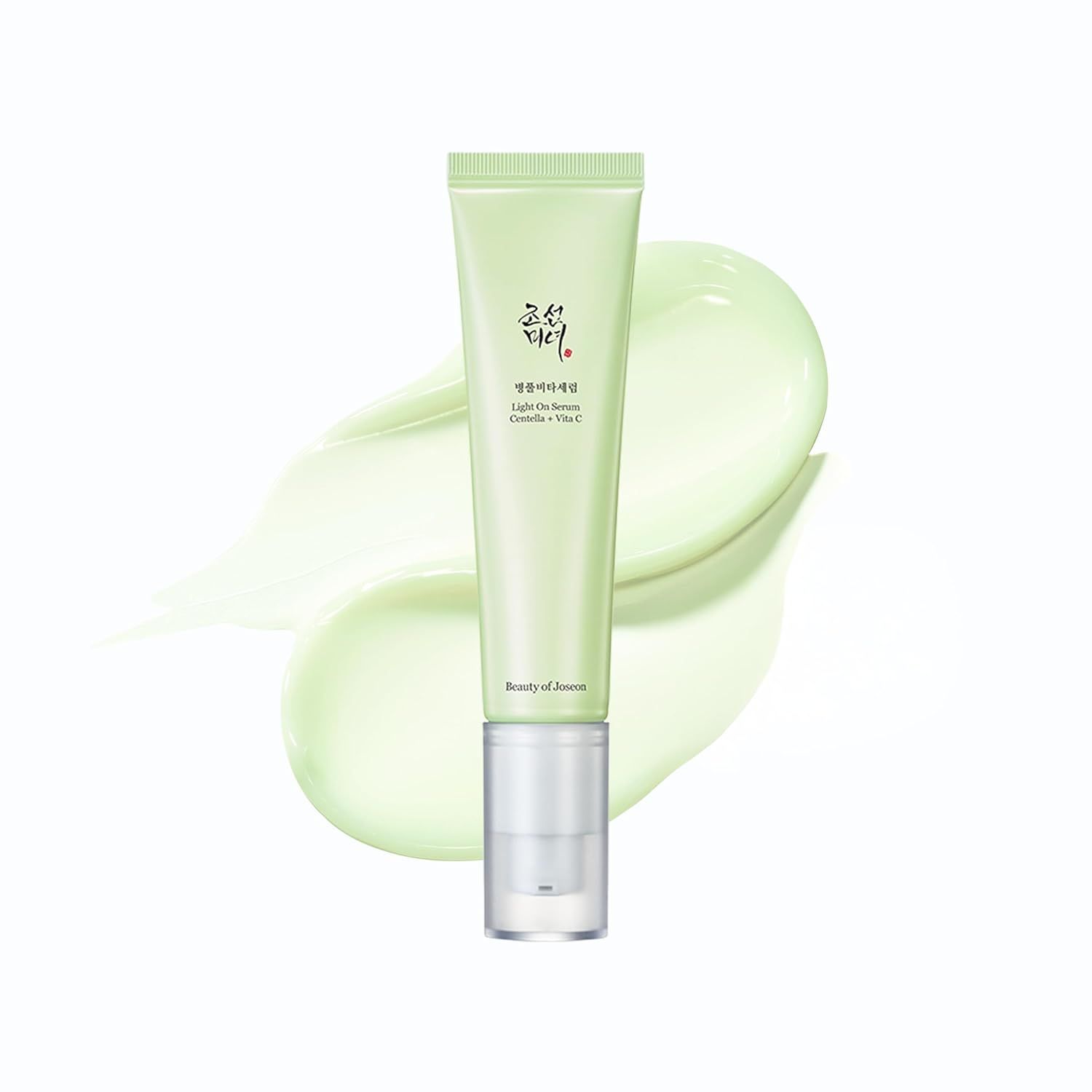 Tube de sérum vert avec une goutte de sérum. Texte : Centella + Vita C. Marque : Beauty of Joseon.