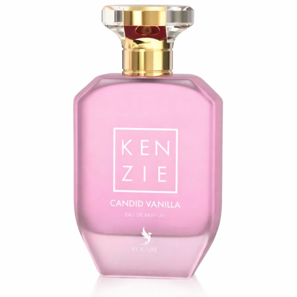 Flacon de parfum rose avec bouchon doré. Inscription Kenzie, Candid Vanilla et Volaré.