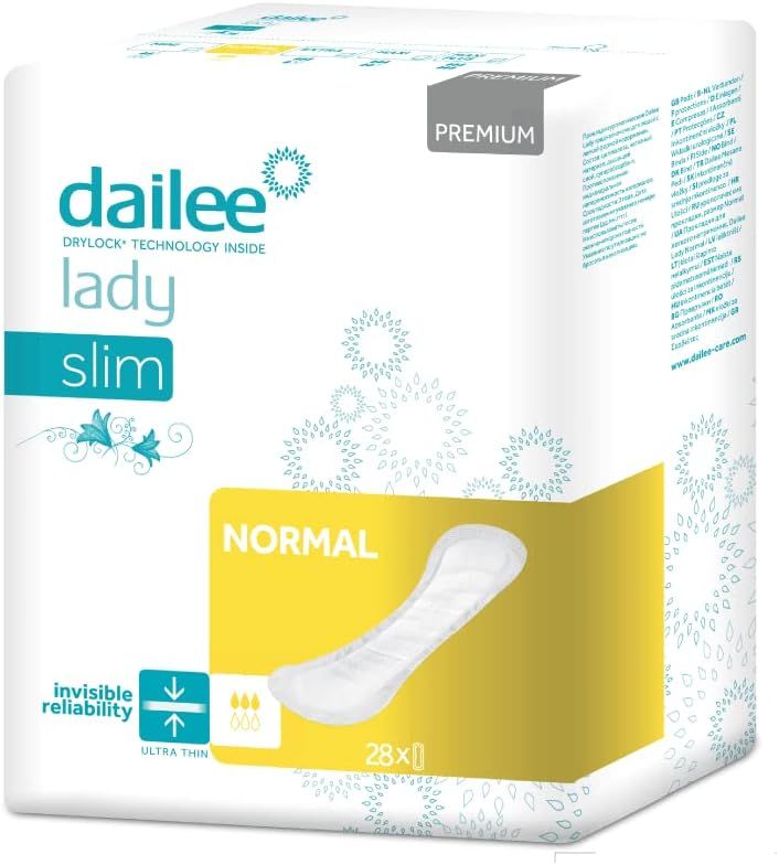 Paquet de Dailee Lady Slim Normal. Serviettes blanches sur fond jaune. 28 unités. Qualité Premium.