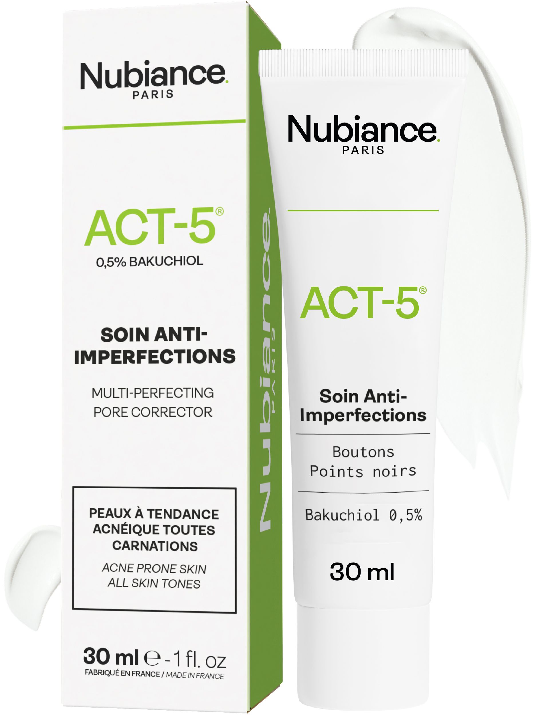 Tube et emballage de crème. Inscription: Nubiance, ACT-5, 0,5% Bakuchiol. Texte: Soin Anti-Imperfections, 30 ml.