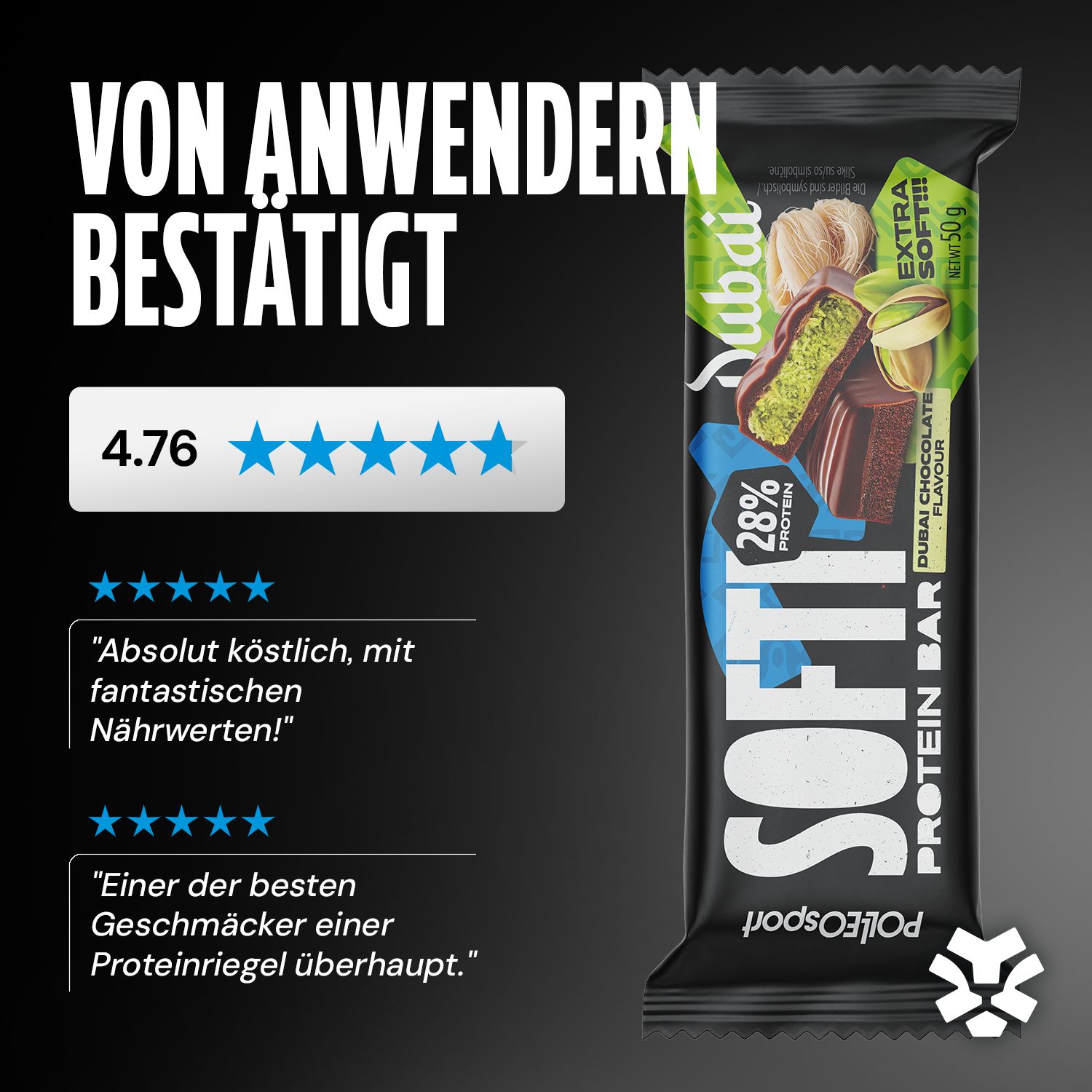 Eiwitreep in verpakking. Tekst: Softi Protein Bar, 28% eiwit, Dubai Chocolate Flavour. Beoordeling: 4,76 sterren.
