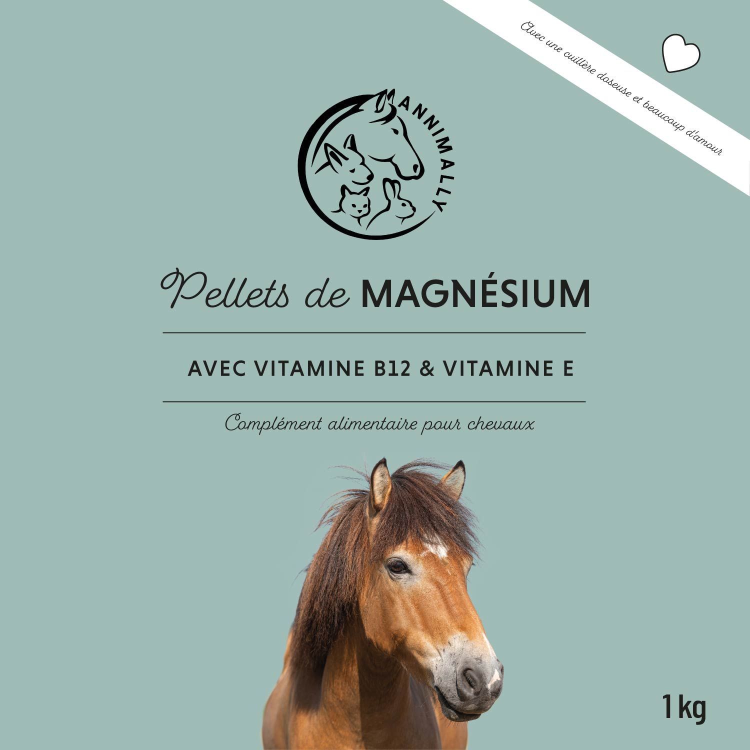 Pot de Annimally Magnesium Pellets. Inscription: Magnesium Pellets, avec Vitamine B12 & E. 1 kg.