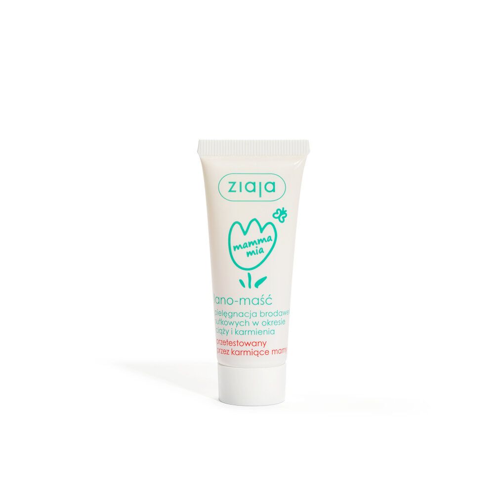 Tube de crème avec nom et logo du produit. Texte vert clair sur fond blanc. Inscription : Mamma Mia.