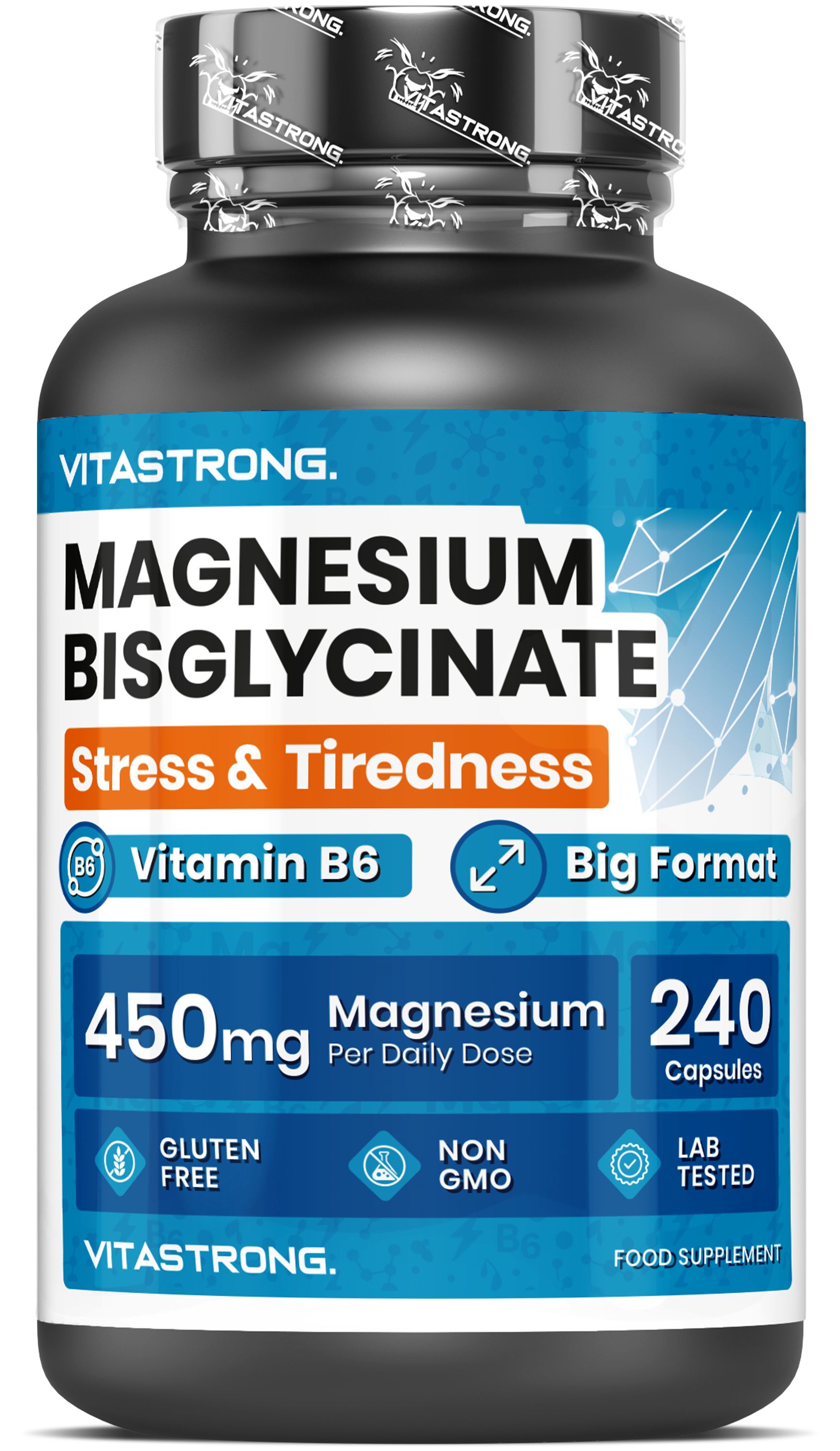 Bouteille Vitastrong Magnésium Bisglycinate 240 gélules, 450mg par dose, Vitamine B6.