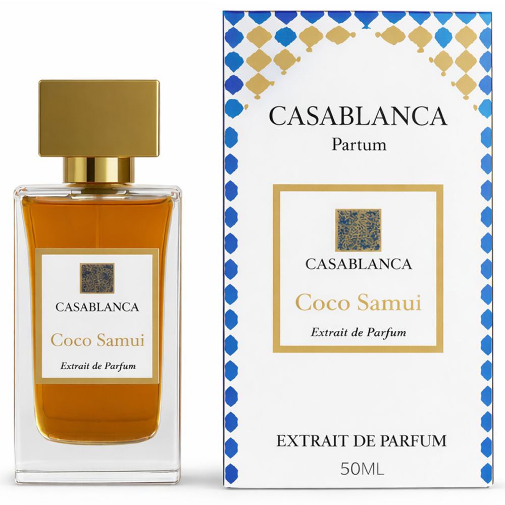 Glazen fles en verpakking. Fles met gouden dop. Verpakking met Casablanca Coco Samui Extrait de Parfum.