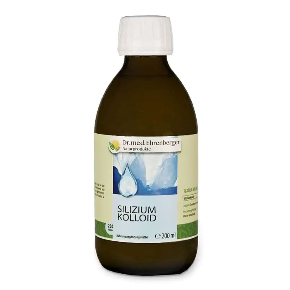 Bruine glazen fles met witte dop. Etiket met productnaam Silizium Kolloid en logo. Volume: 200 ml.