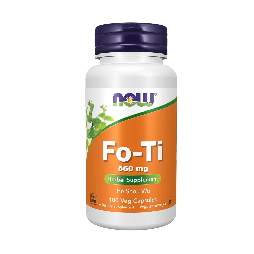 Witte fles met blauwe dop. Opschrift "Fo-Ti 560 mg Herbal Supplement". Bevat 100 Veg Capsules.