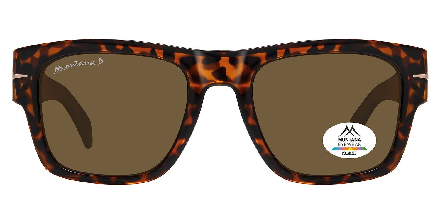 Lunettes de soleil marron à motif écaille de tortue. Logo et texte "MONTANA EYEWEAR" sur la branche. Verres polarisés.