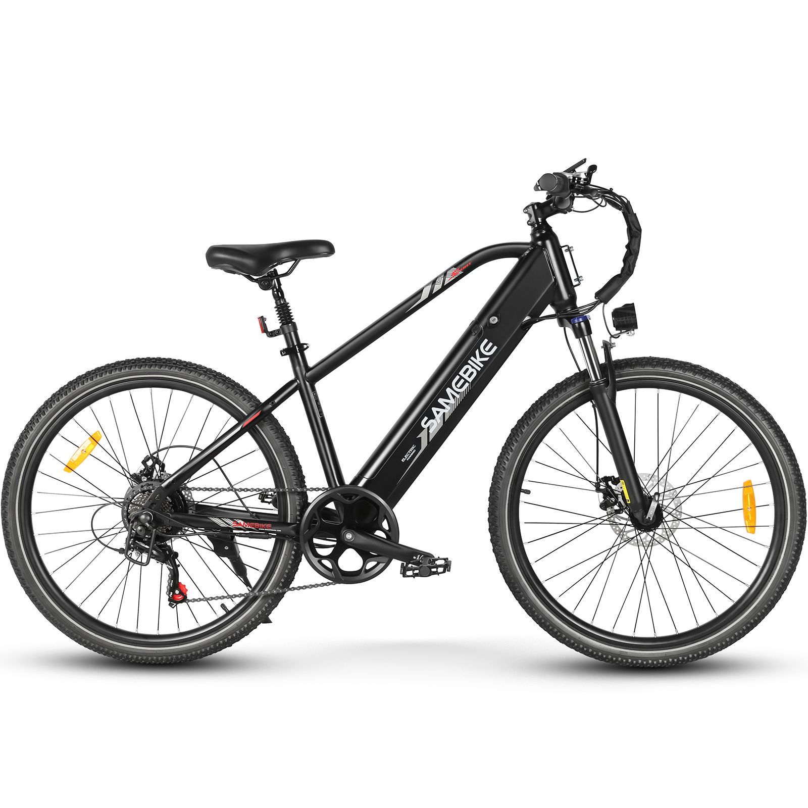 VTT électrique noir SAMEBIKE. Cadre, roues, selle, guidon, phare, pédales visibles. Détails rouges et jaunes.