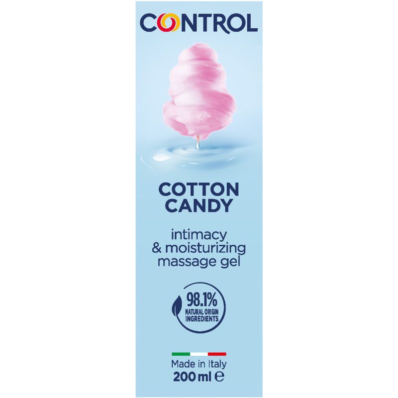 Control Cotton Candy glijmiddel, 200 ml fles met suikerspin afbeelding.