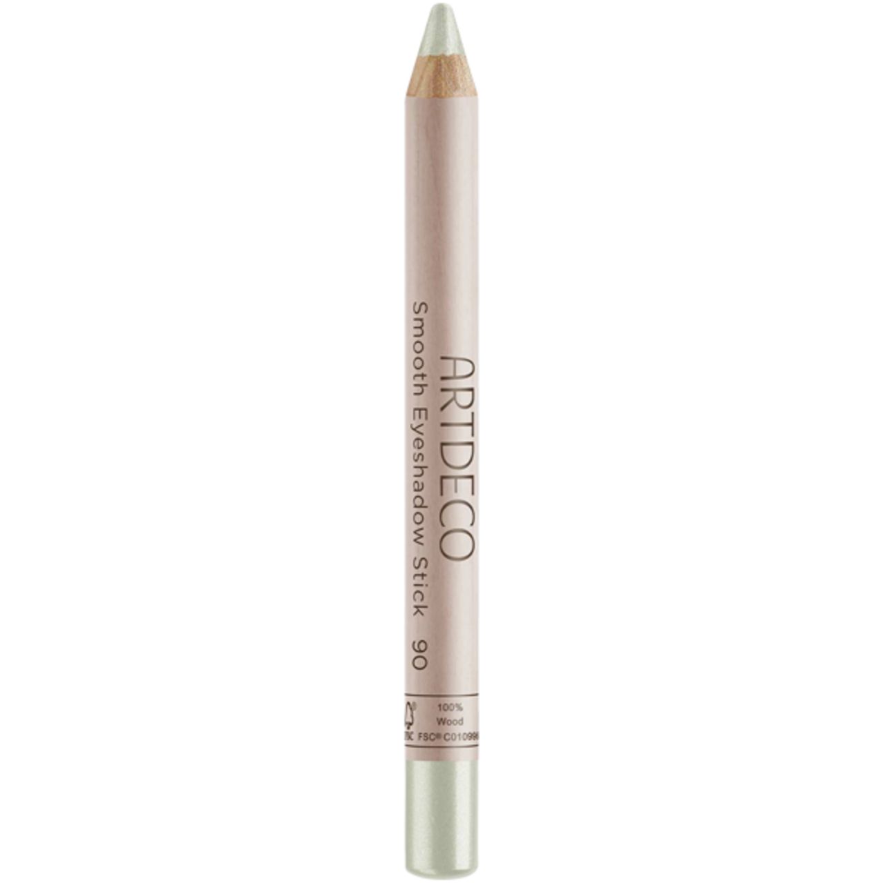 Artdeco Smooth Eyeshadow Stick 90. Lichtgroene potlood met zilveren punt. Opschrift: 100% Wood, FSC-C012345.