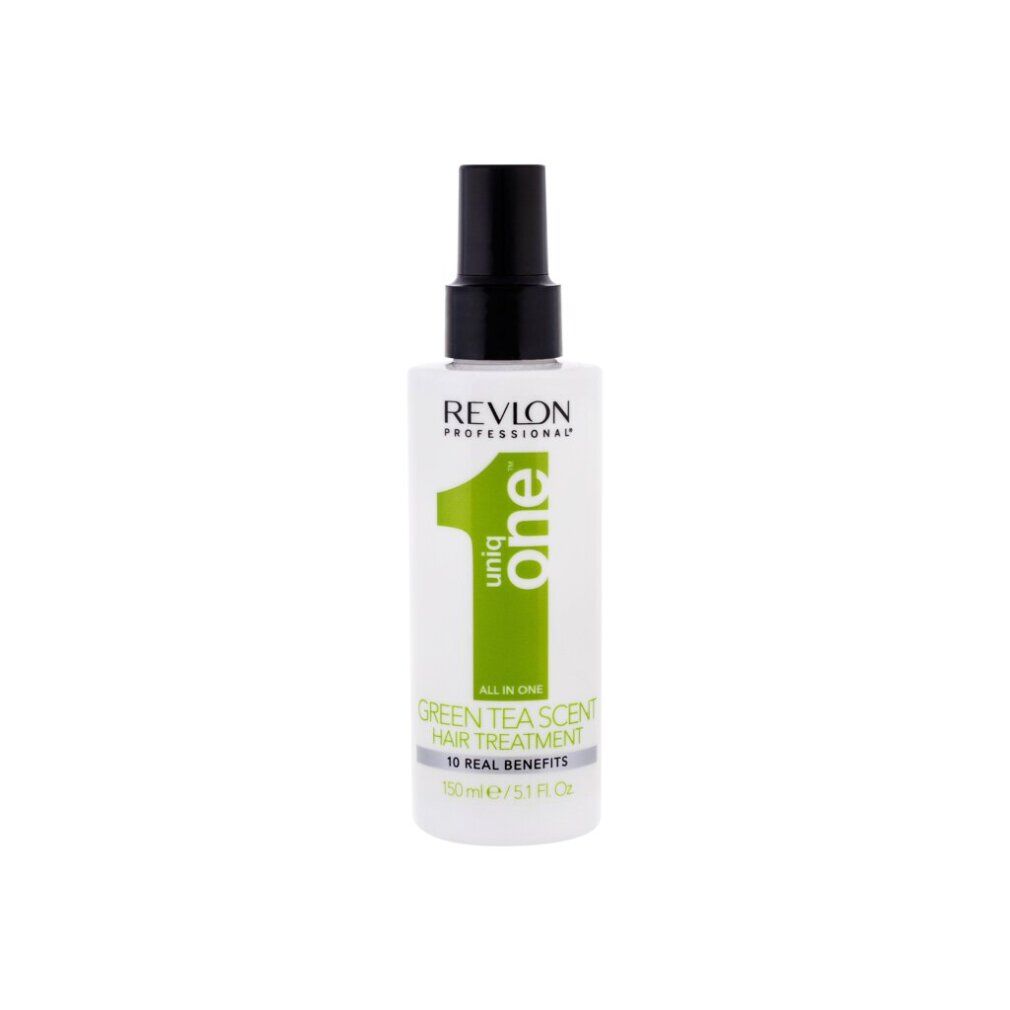 Spray capillaire blanc avec tête noire. Inscription : Uniq One, Revlon Professional, All in One Green Tea Scent Hair Treatment, 10 Real Benefits.
