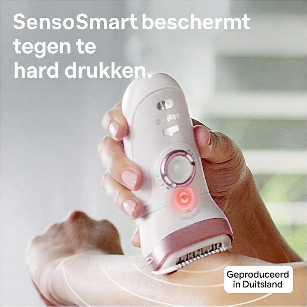 Witte en roségouden epilator met Sensosmart-technologie wordt op een arm gebruikt.