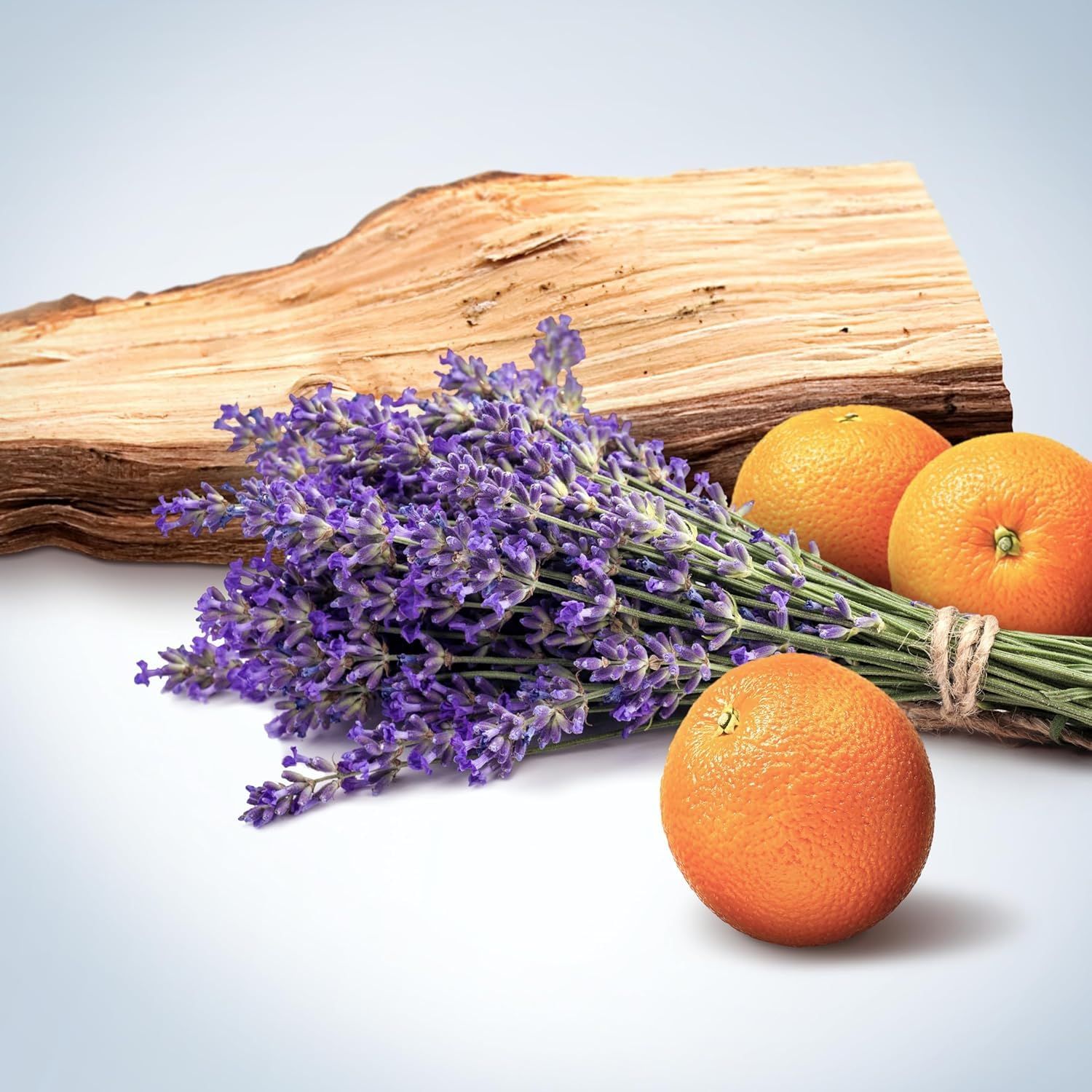 Lavande, oranges et bois. Bouquet de lavande, trois oranges, morceau de bois. Fond bleu clair.