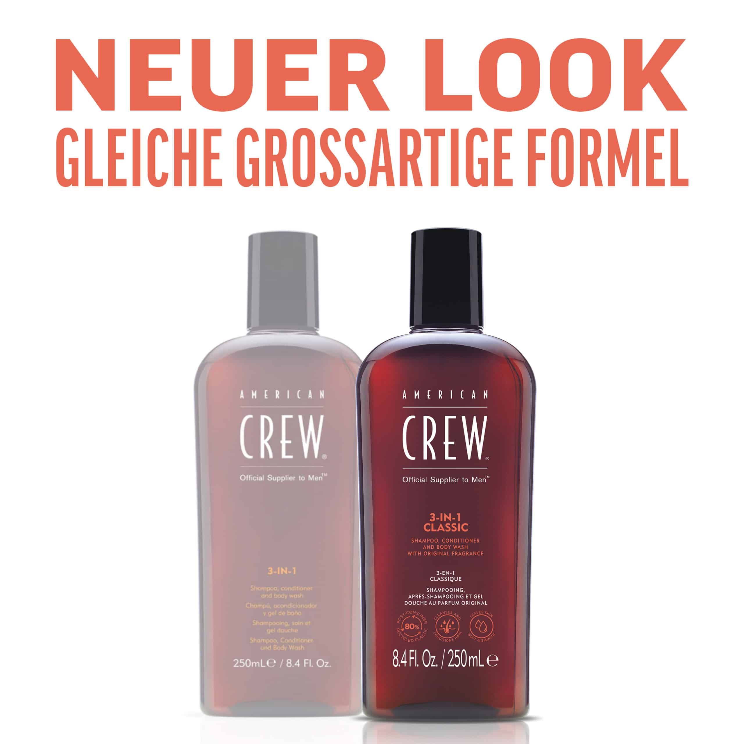 Twee AMERICAN CREW 3-in-1 Classic Shampoo flessen. Eén transparant, één bruin. Tekst: Shampoo, conditioner en body wash. 250 ml.