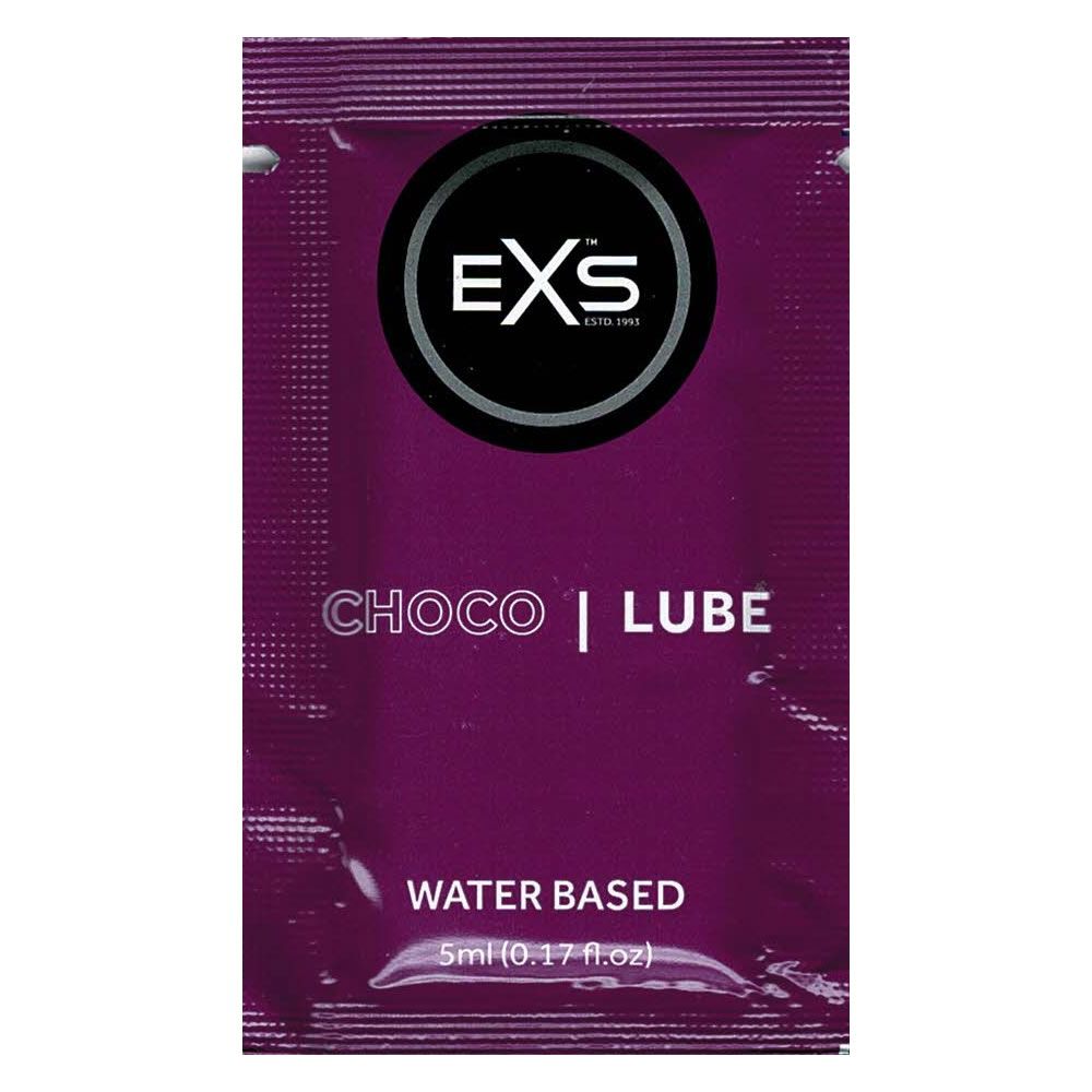 Verpakking met productnaam Choco Lube en merklogo EXS. Waterbasis. Kleur: paars.