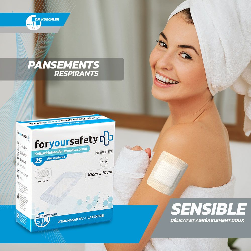 Femme avec serviette. Pansement sur le bras. Pansements respirants. ForYourSafety. Sensible.